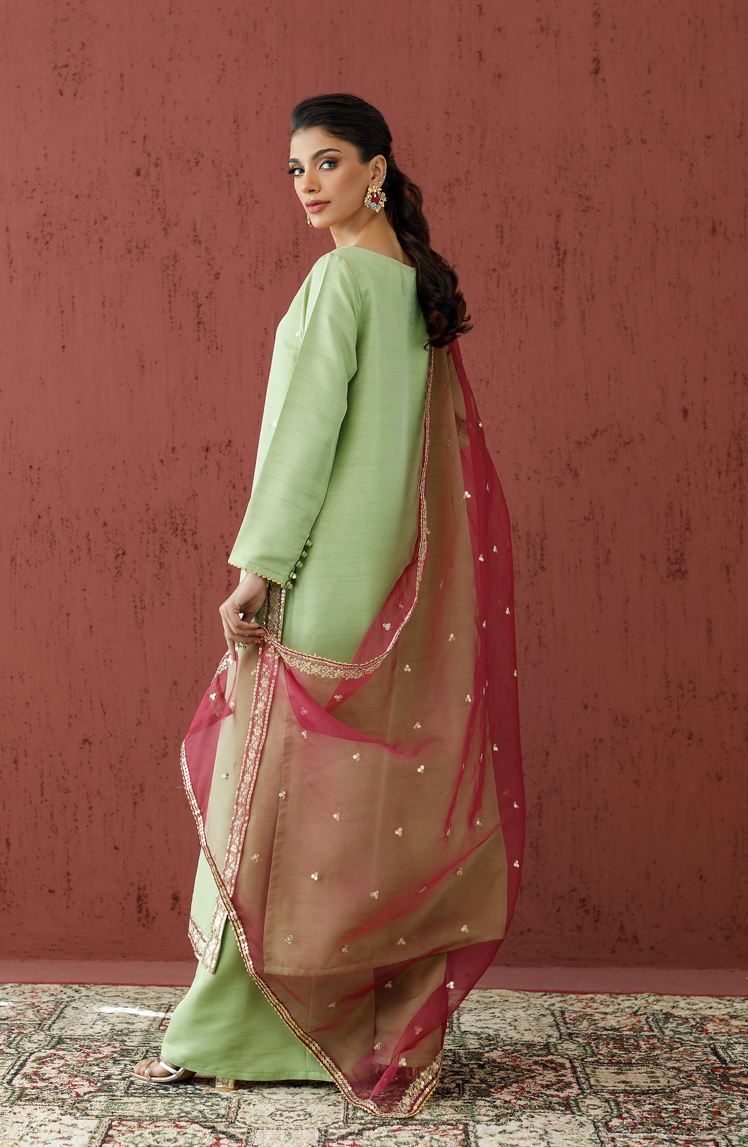 Stitched 3 Piece Embroidered Raw Silk Shirt , Raw Silk Pant and Organza Dupatta (WRFR23W-3010)