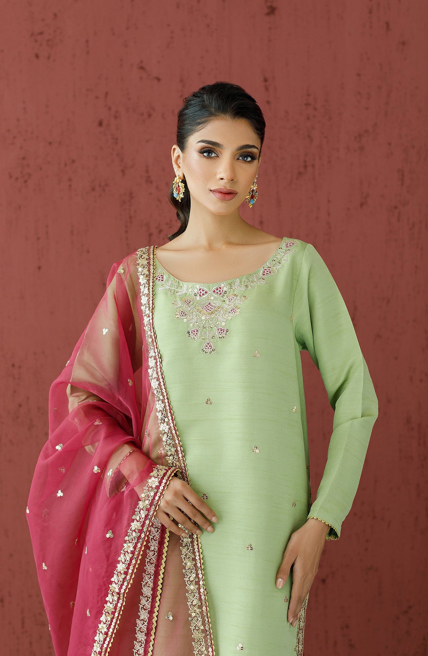 Stitched 3 Piece Embroidered Raw Silk Shirt , Raw Silk Pant and Organza Dupatta (WRFR23W-3010)