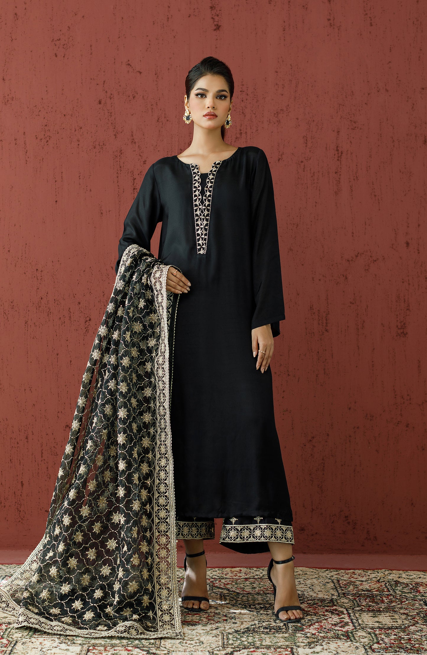 Stitched 3 Piece Embroidered Raw Silk Shirt , Raw Silk Pant and Organza Dupatta (WRFR23W-3017)