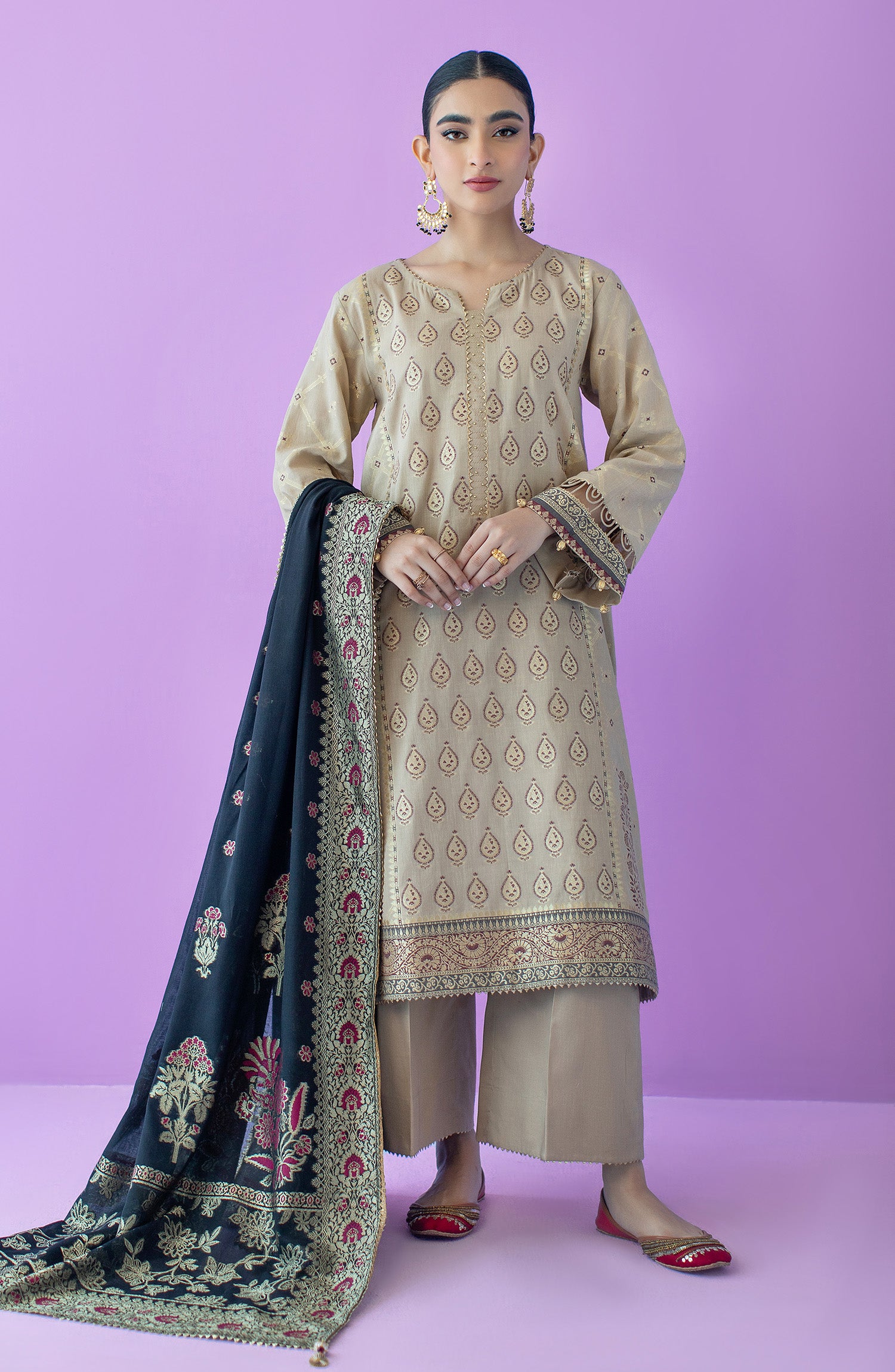 OTLF-23-033 BEIGE JACQUARD  UNSTITCHED SHIRT DUPATTA PANTS