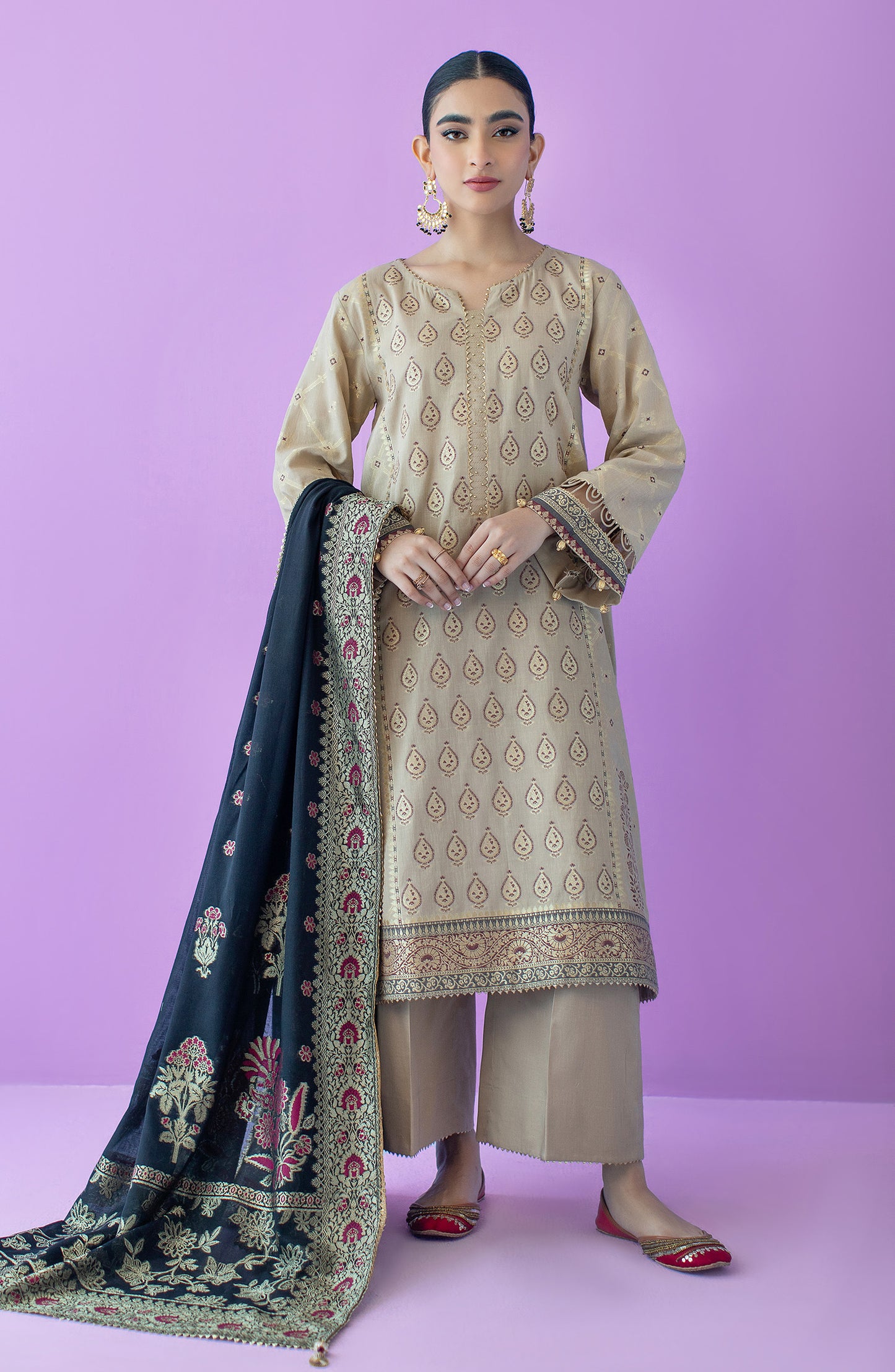 OTLF-23-033/S BEIGE JACQUARD Women READY TO WEAR SHIRT DUPATTA PANTS