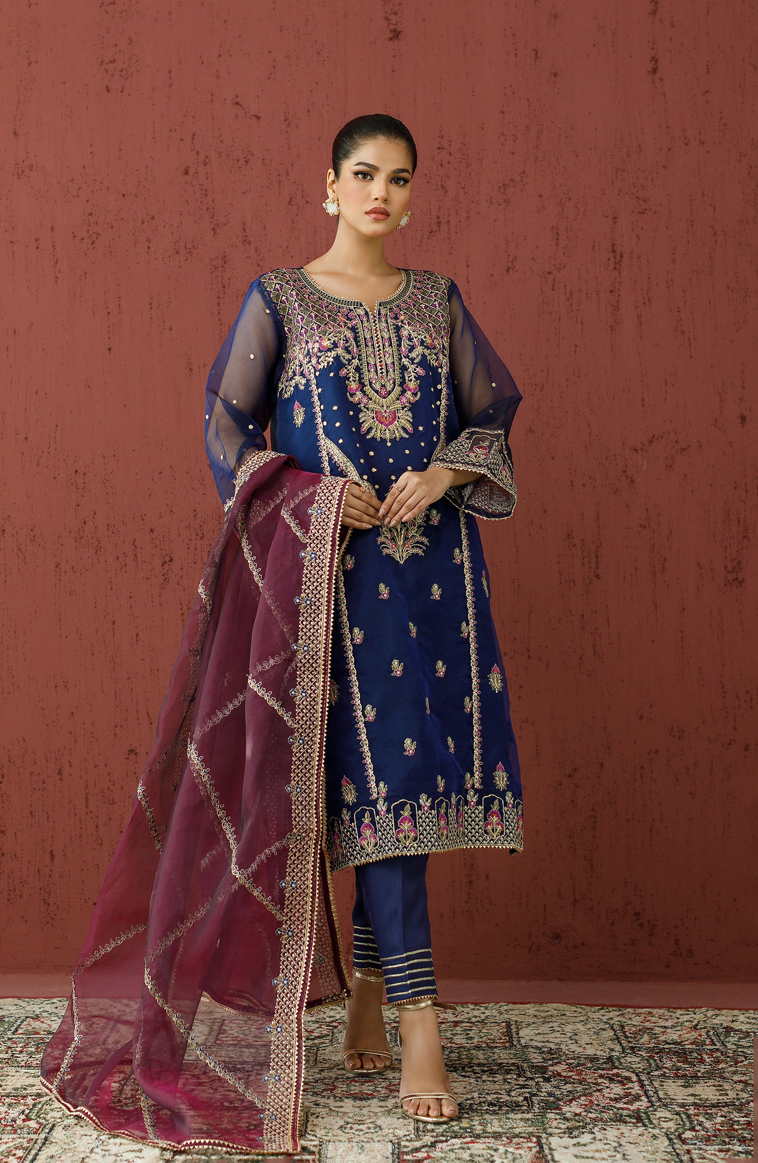 Stitched 3 Piece Embroidered Cotton Shirt , Raw Silk Pant and Organza Dupatta