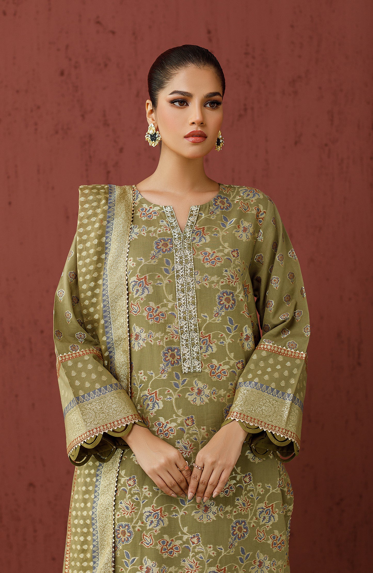 OTLF-23-077 MEHNDI JACQUARD Women UNSTITCHED SHIRT DUPATTA PANTS
