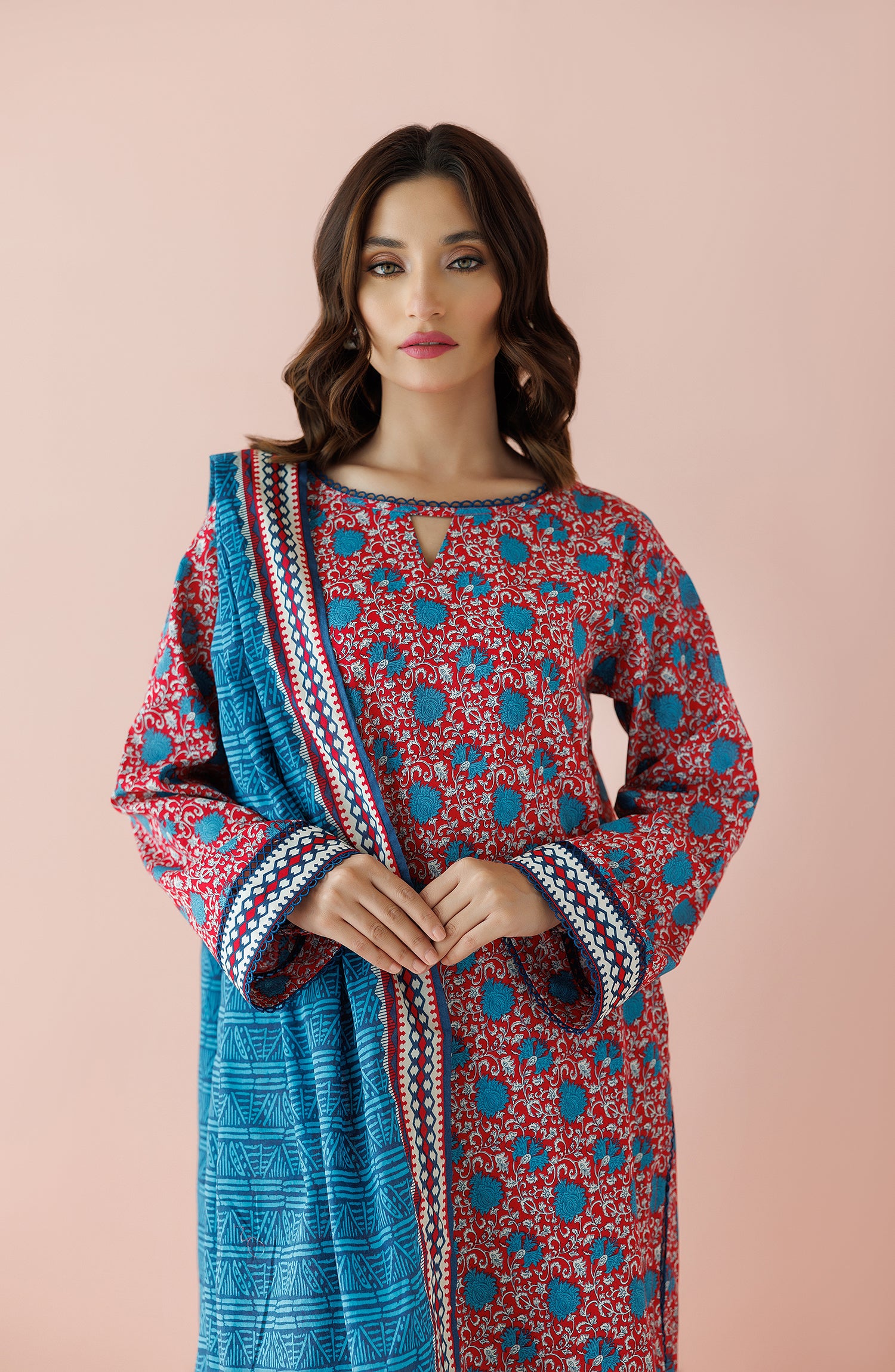 Stitched 3 Piece Printed Lawn Shirt , Cambric Pant and Lawn Dupatta (OTL-24-170/S RED)