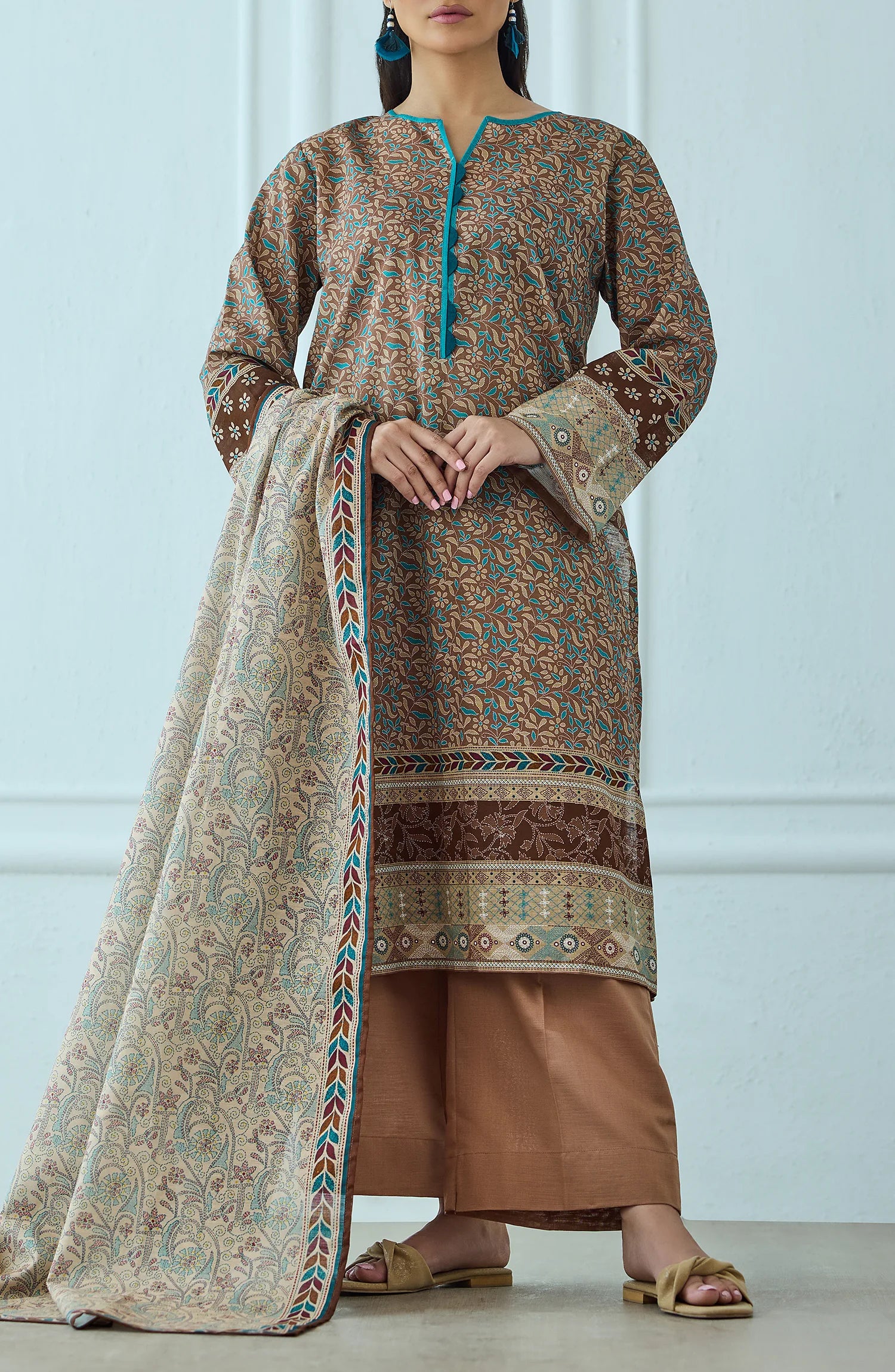 Unstitched | 3 Piece | Printed | Khaddar Shirt | OTL-25-456/U BROWN