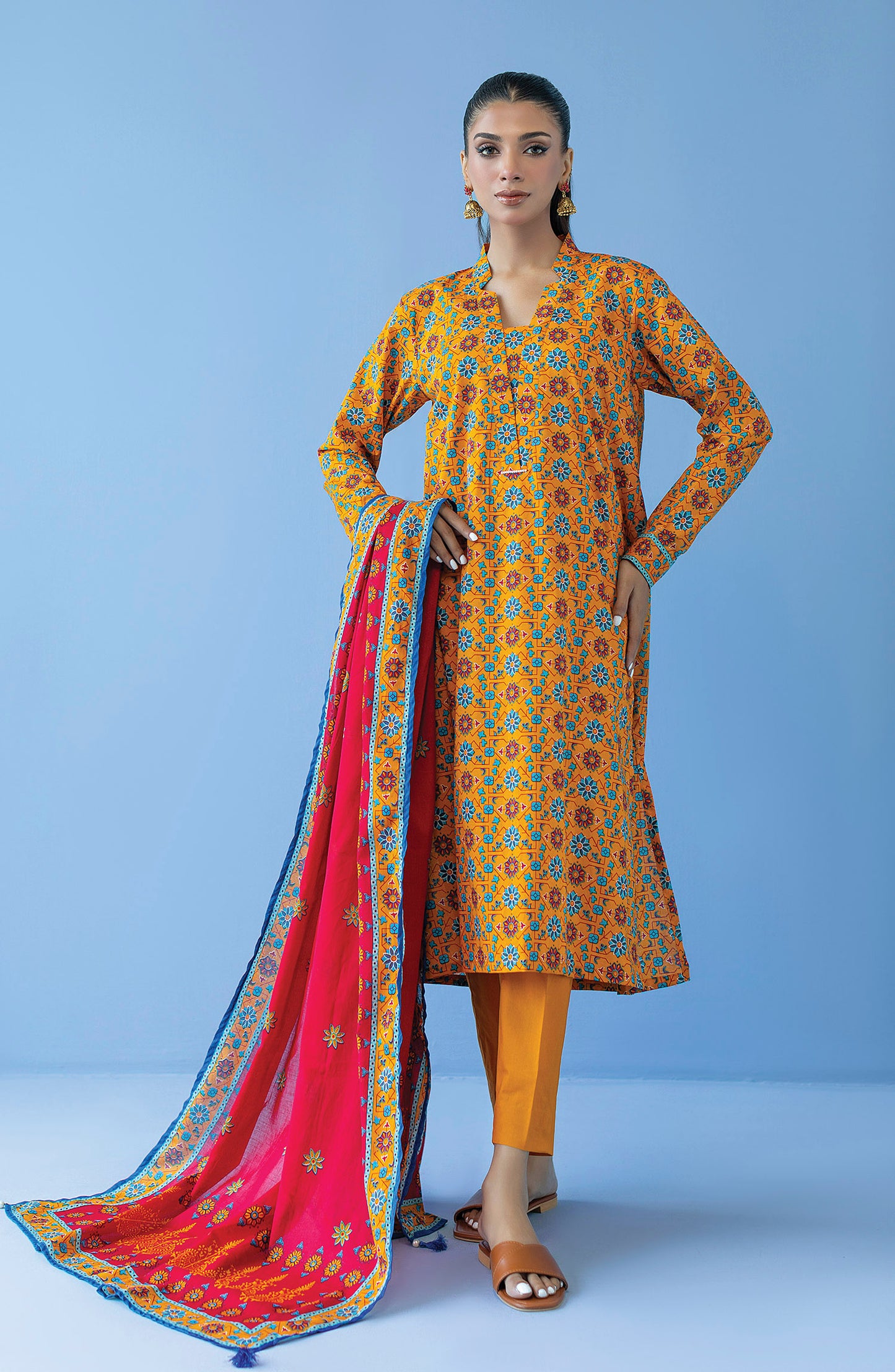 OTL-23-297/U YELLOW CAMBRIC  UNSTITCHED SHIRT DUPATTA PANTS