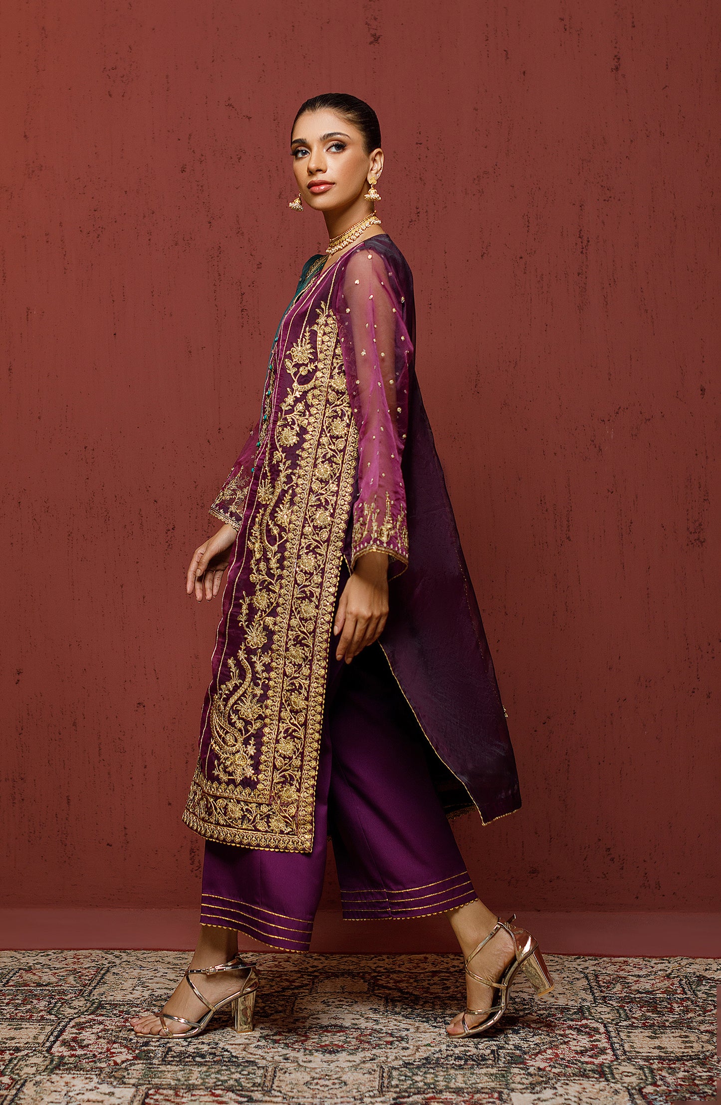 Stitched 3 Piece Embroidered Organza Shirt , Raw Silk Pant and Organza Dupatta (OTLF-23-060/S PURPLE)