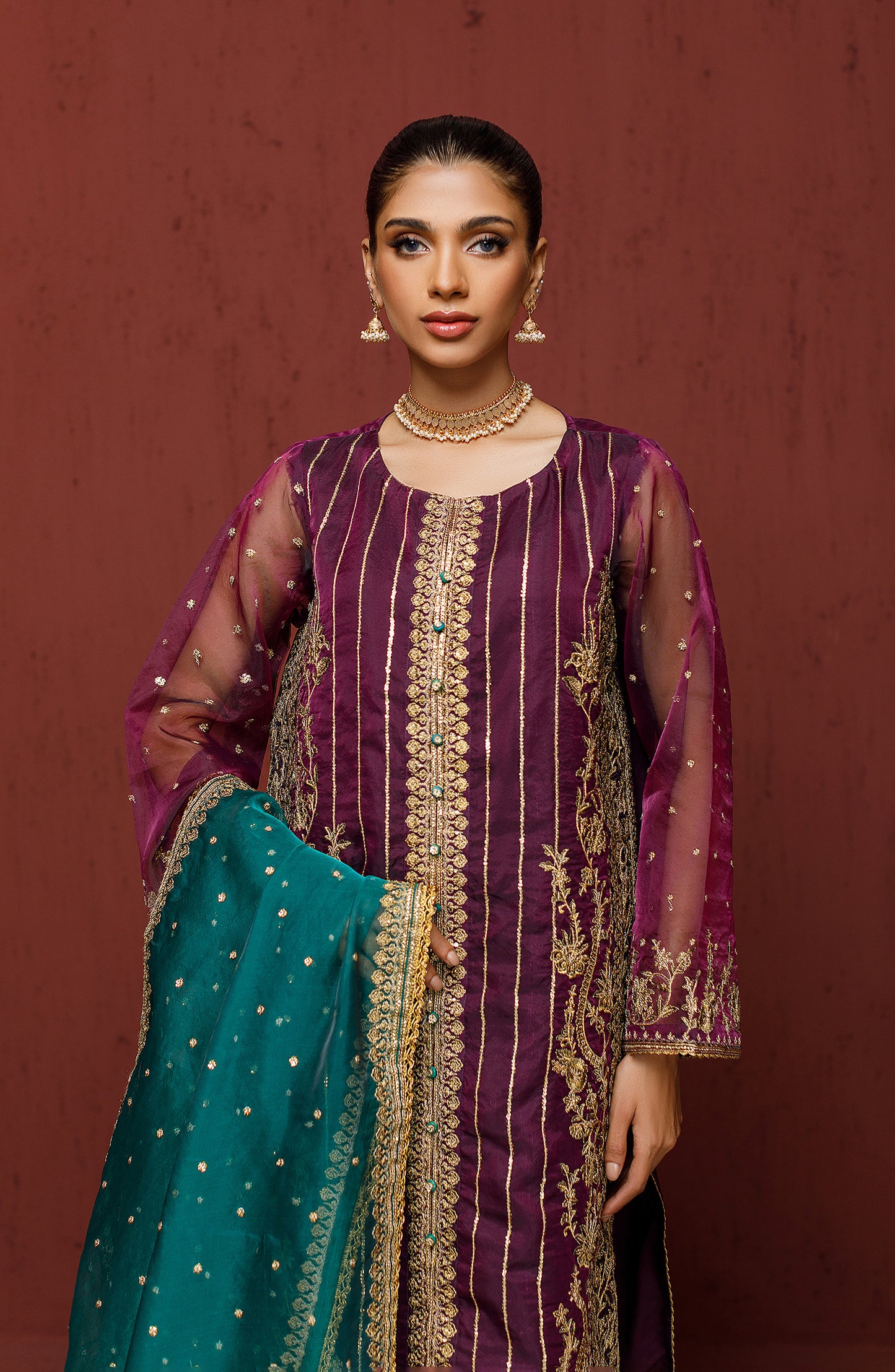 Stitched 3 Piece Embroidered Organza Shirt , Raw Silk Pant and Organza Dupatta (OTLF-23-060/S PURPLE)