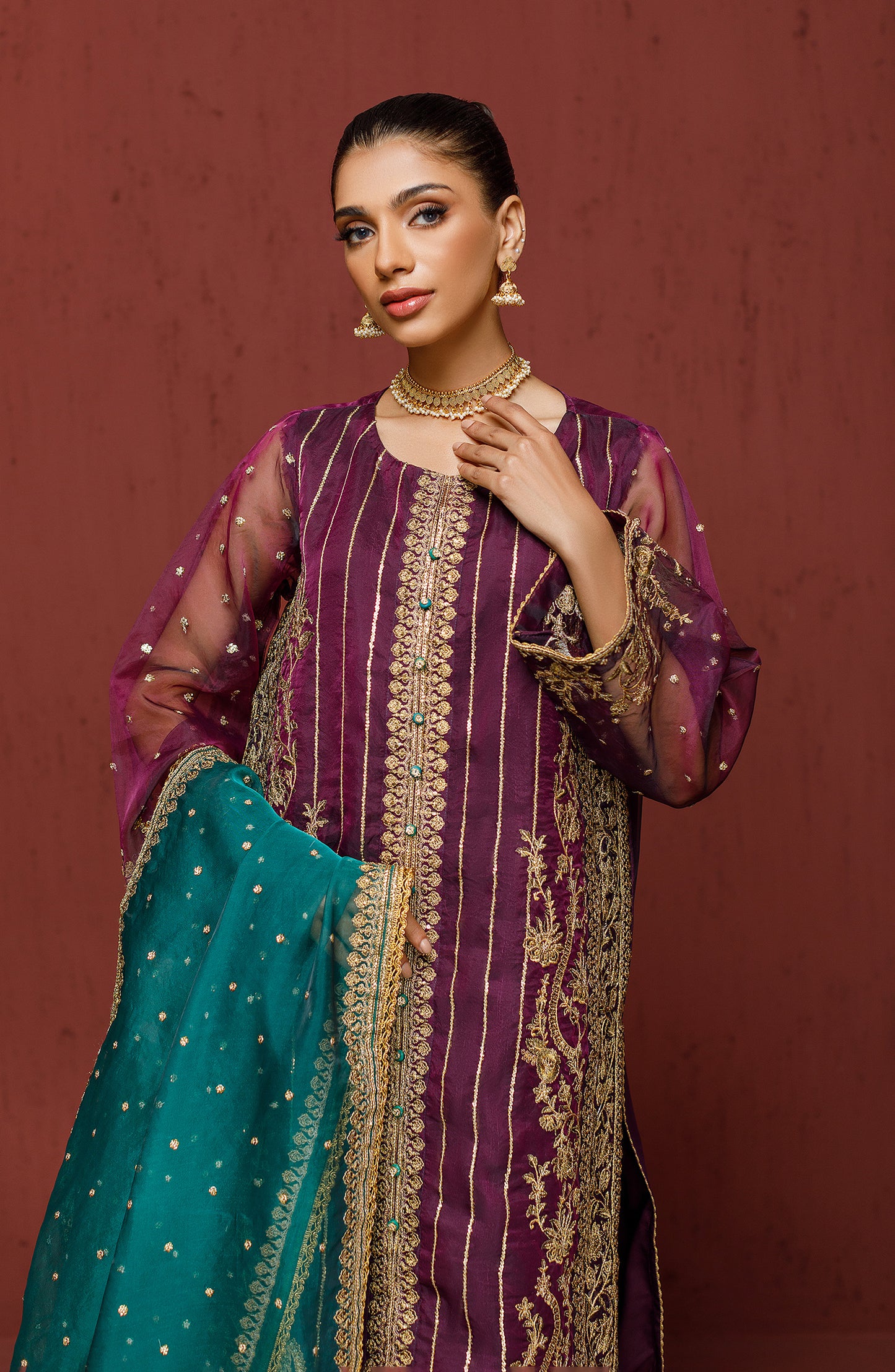 Stitched 3 Piece Embroidered Organza Shirt , Raw Silk Pant and Organza Dupatta (OTLF-23-060/S PURPLE)