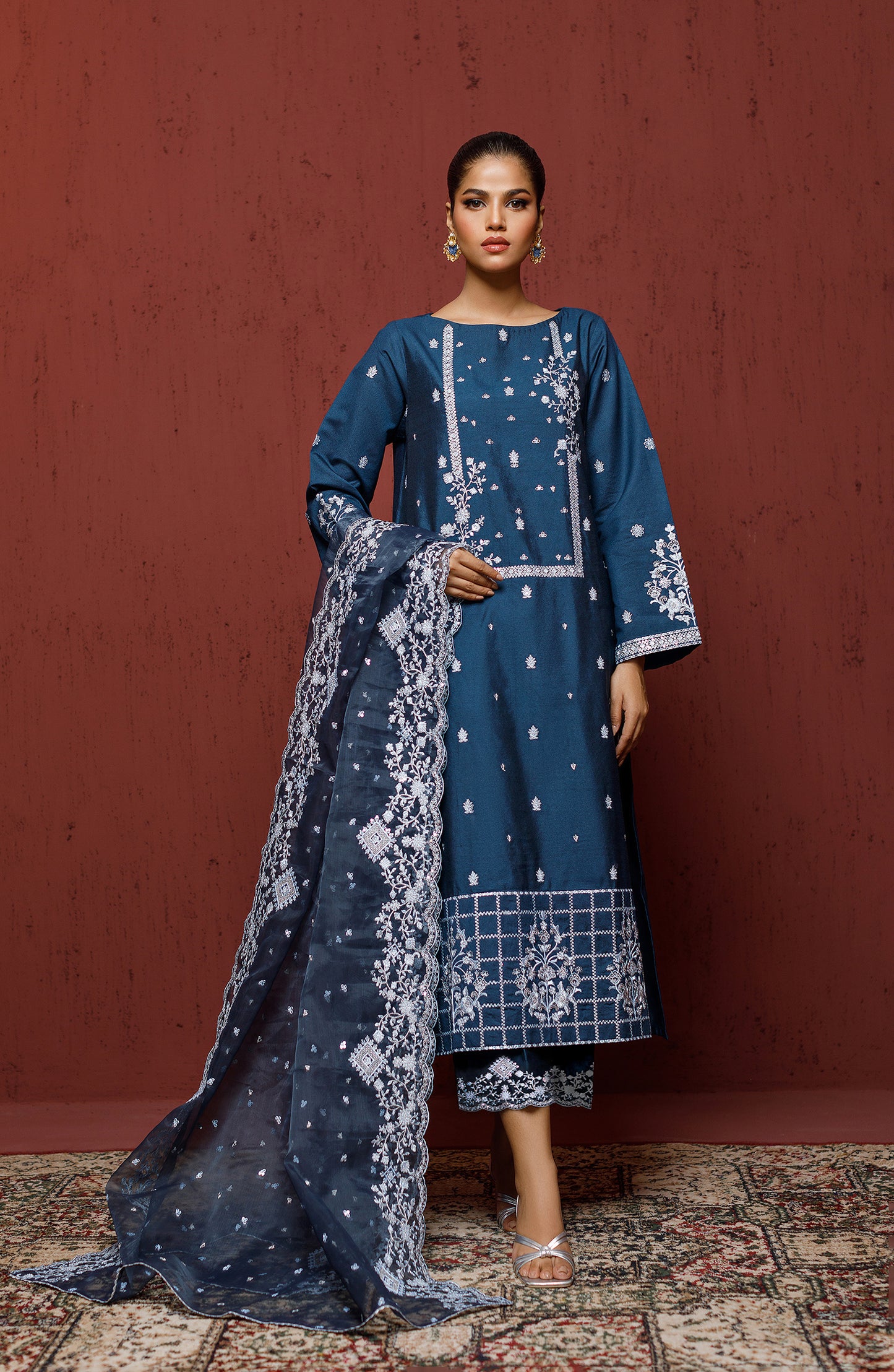 Stitched 2 Piece Embroidered Cotton Net Shirt and Organza Dupatta (NF-SD-23-024 NAVY)