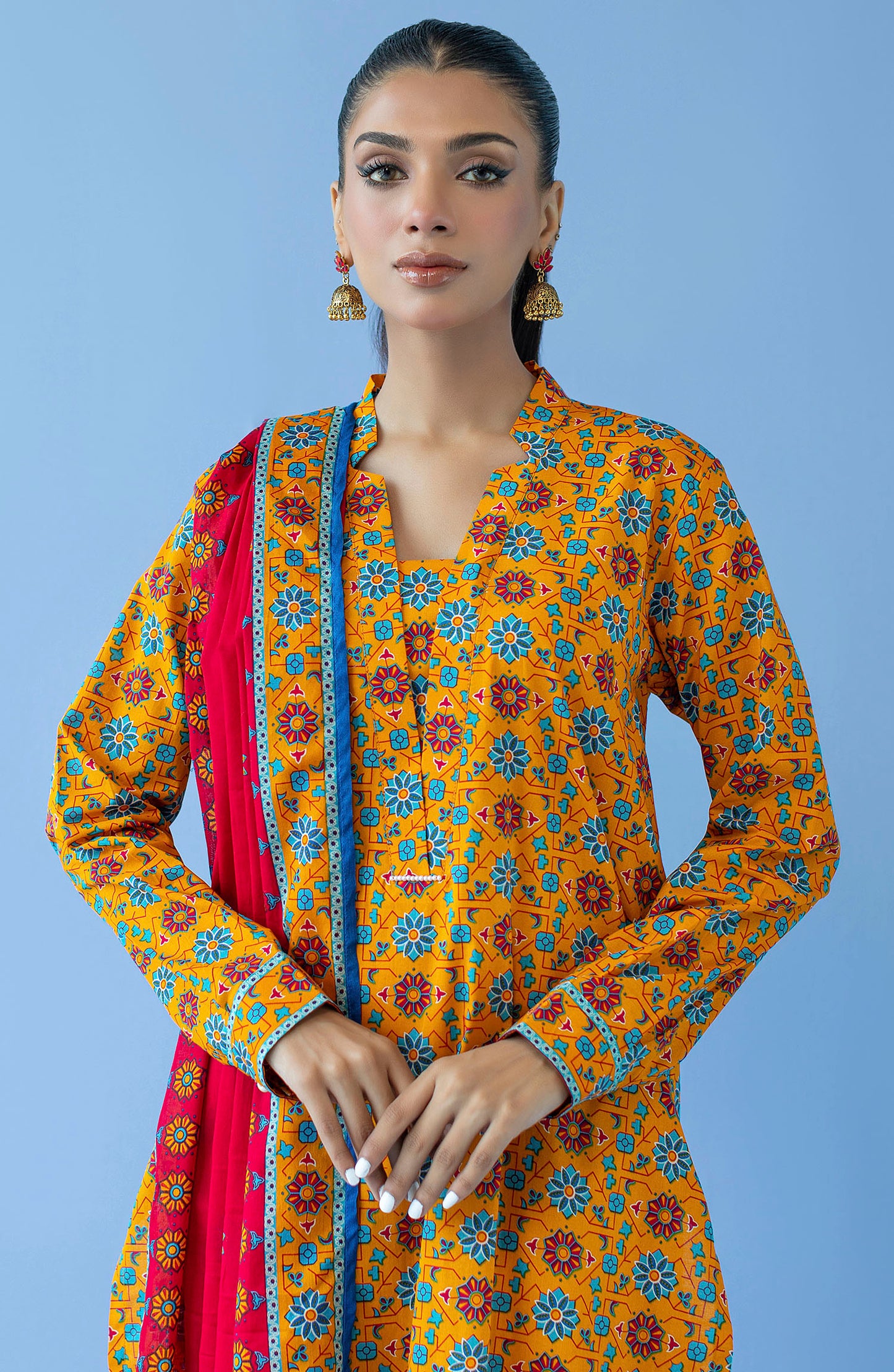 OTL-23-297/U YELLOW CAMBRIC  UNSTITCHED SHIRT DUPATTA PANTS