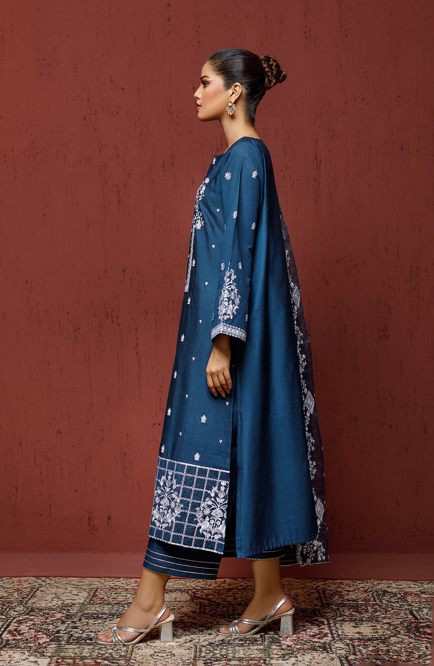 Stitched 2 Piece Embroidered Cotton Net Shirt and Organza Dupatta (NF-SD-23-024 NAVY)