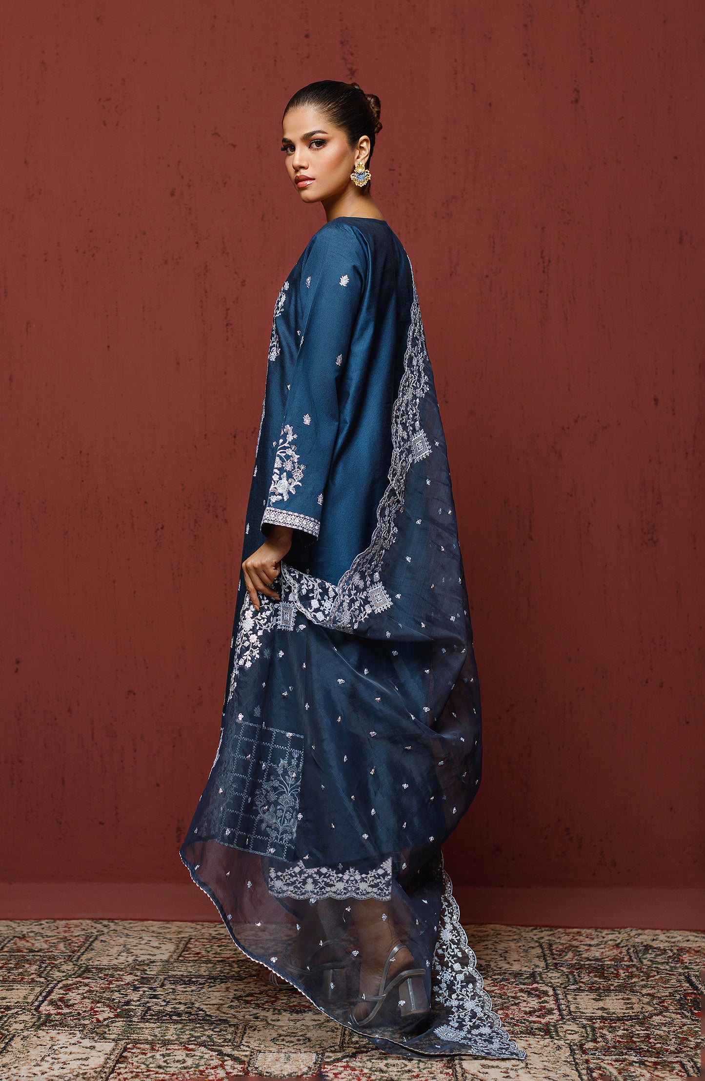 Stitched 2 Piece Embroidered Cotton Net Shirt and Organza Dupatta (NF-SD-23-024 NAVY)