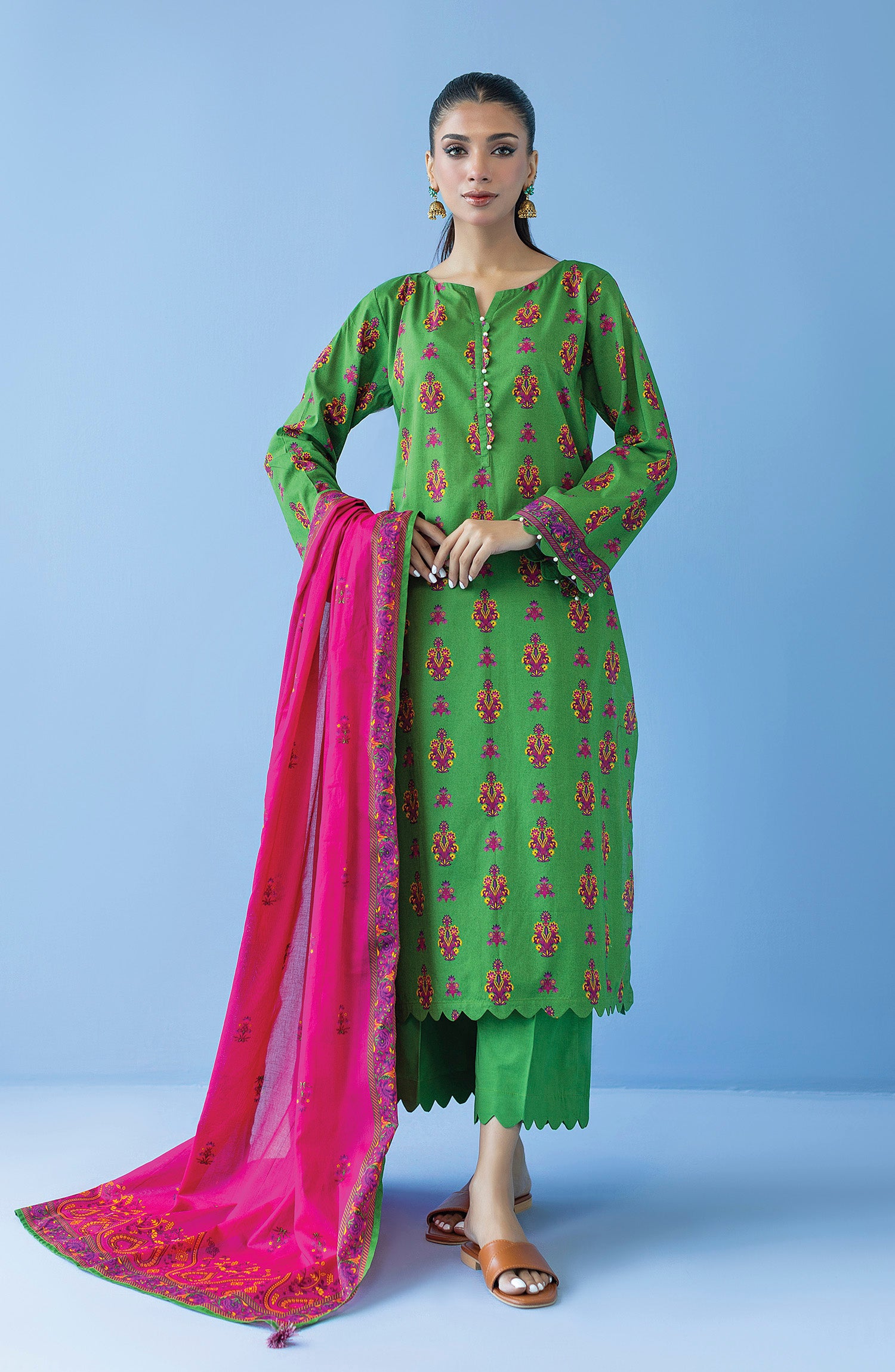 OTL-23-296/U GREEN CAMBRIC  UNSTITCHED SHIRT DUPATTA PANTS