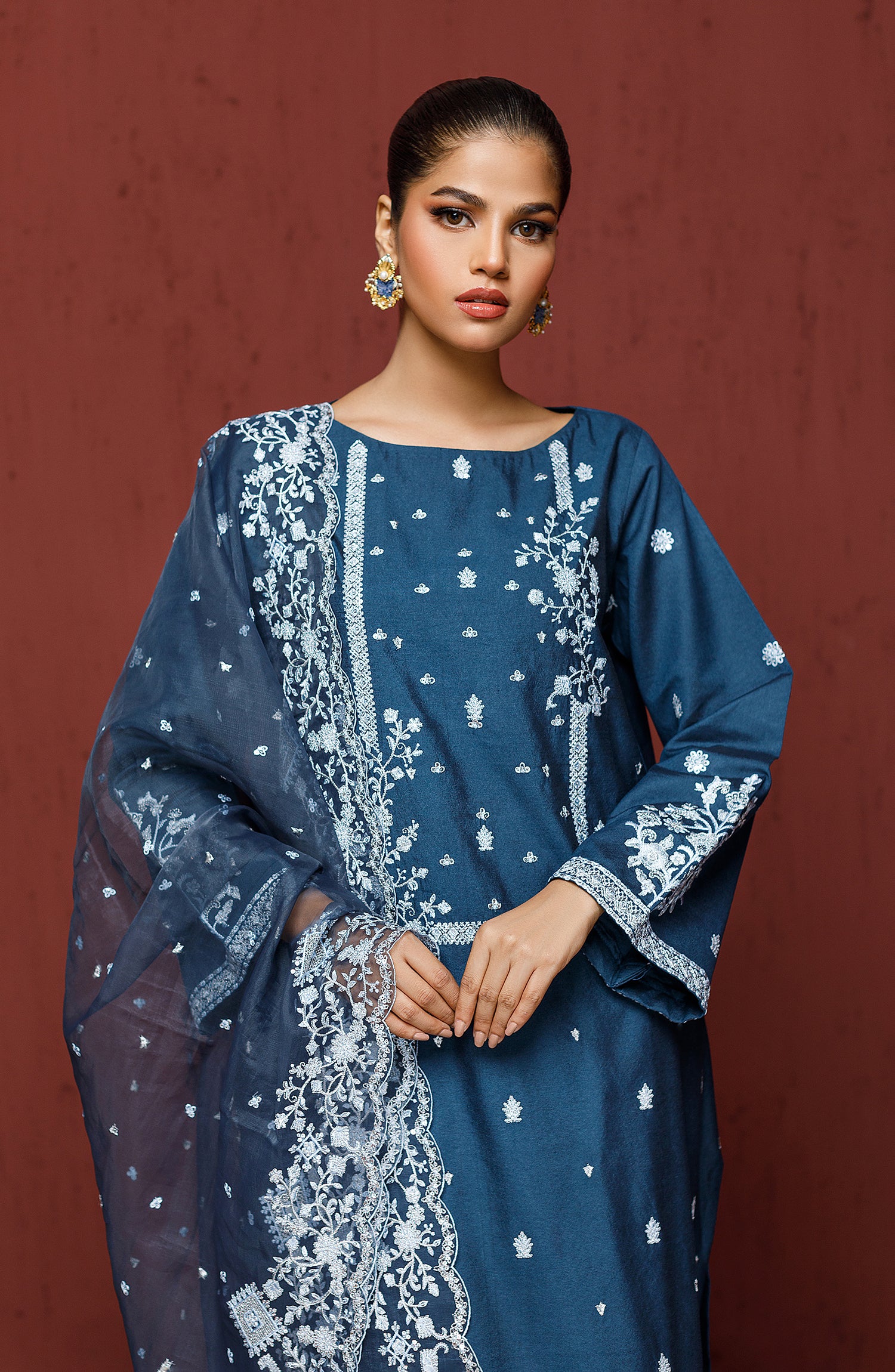 Stitched 2 Piece Embroidered Cotton Net Shirt and Organza Dupatta (NF-SD-23-024 NAVY)