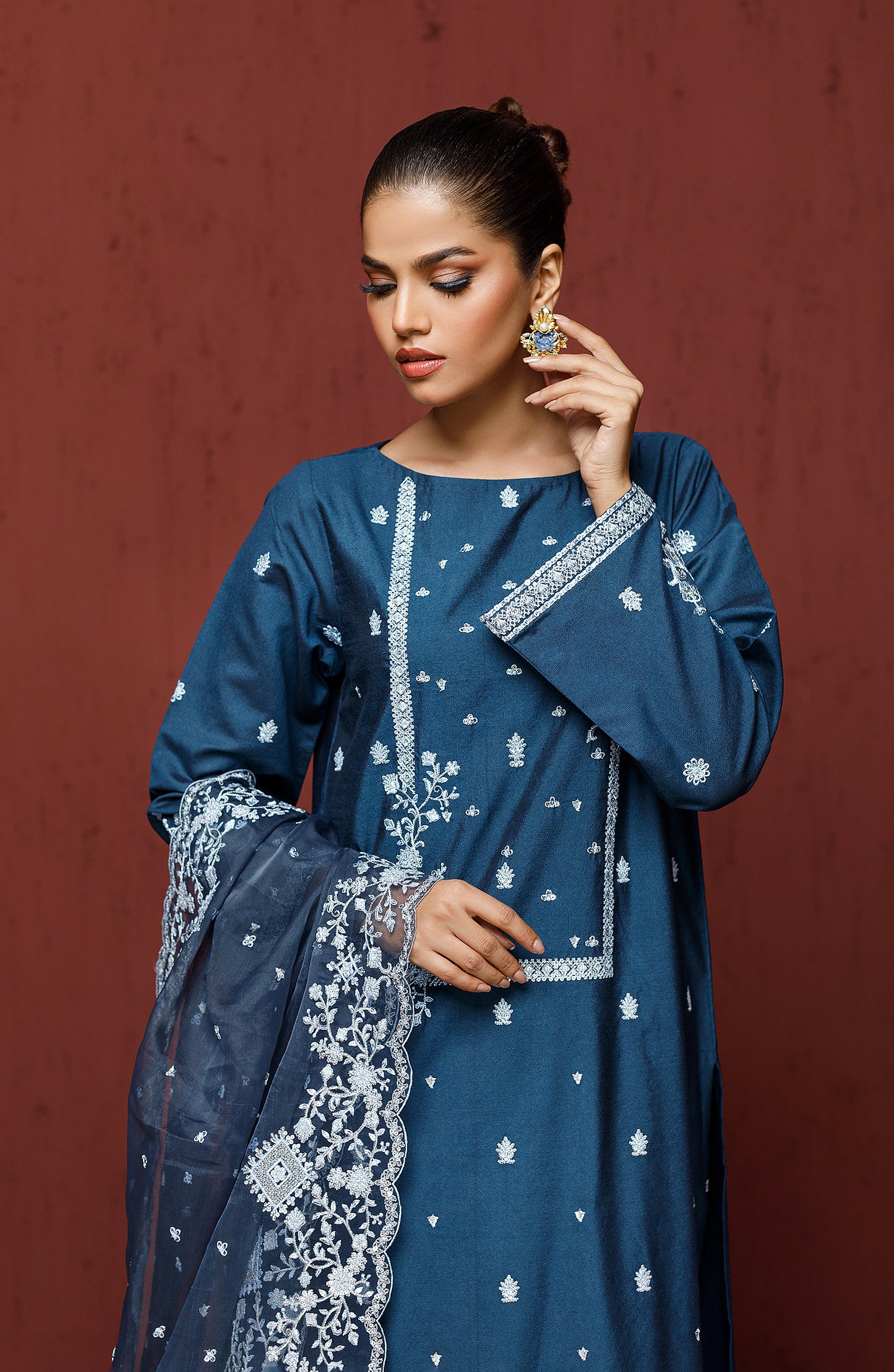 Stitched 2 Piece Embroidered Cotton Net Shirt and Organza Dupatta (NF-SD-23-024 NAVY)