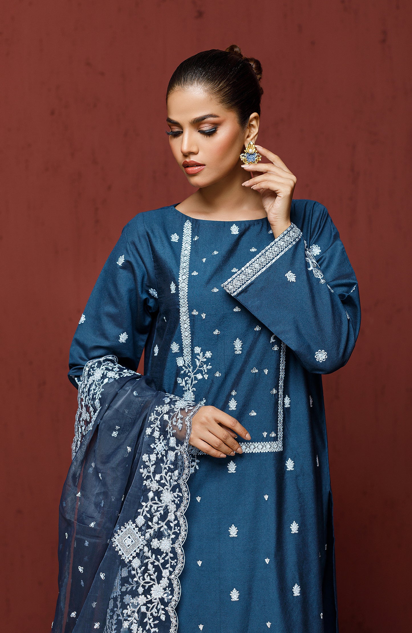 Stitched 2 Piece Embroidered Cotton Net Shirt and Organza Dupatta (NF-SD-23-024 NAVY)