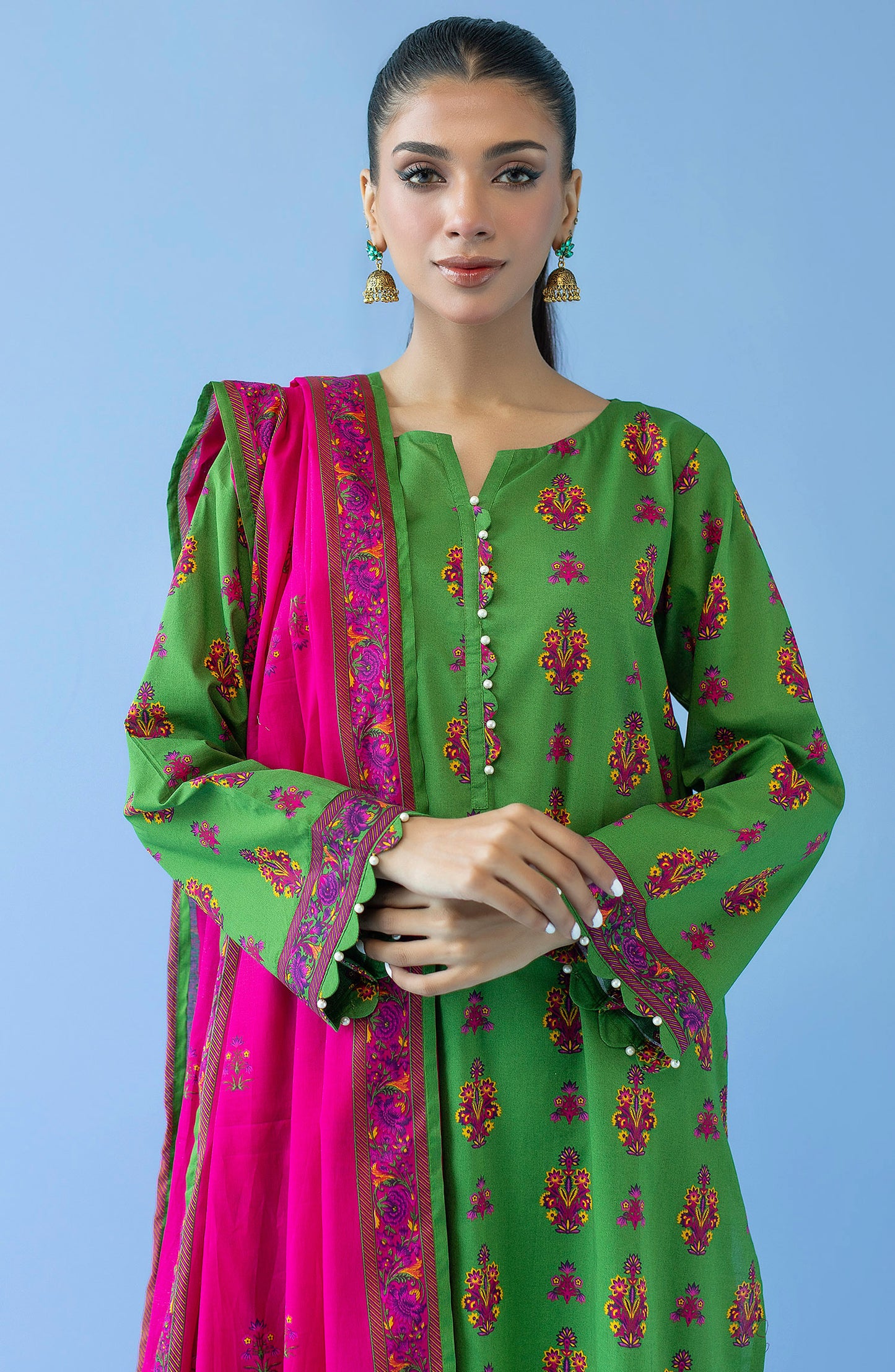 OTL-23-296/U GREEN CAMBRIC  UNSTITCHED SHIRT DUPATTA PANTS