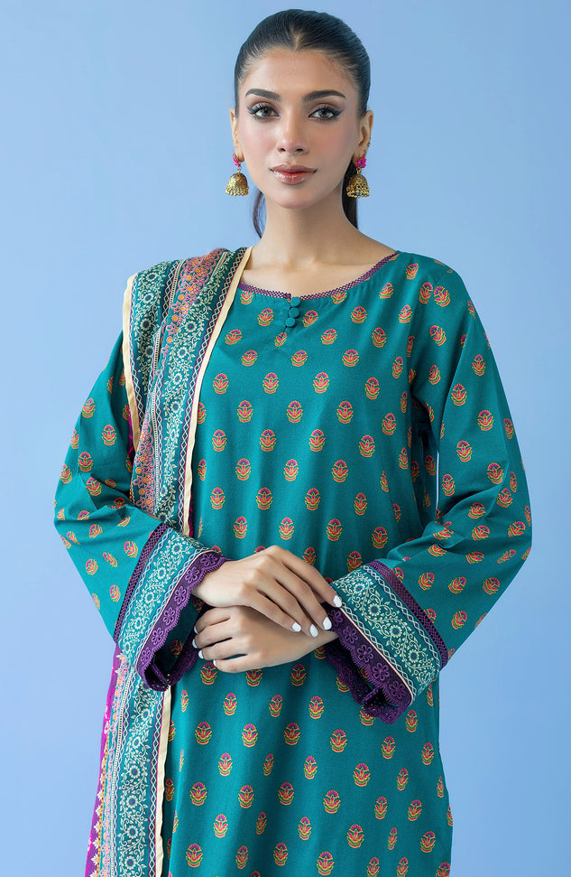 OTL-23-217/U GREEN CAMBRIC  UNSTITCHED SHIRT DUPATTA PANTS