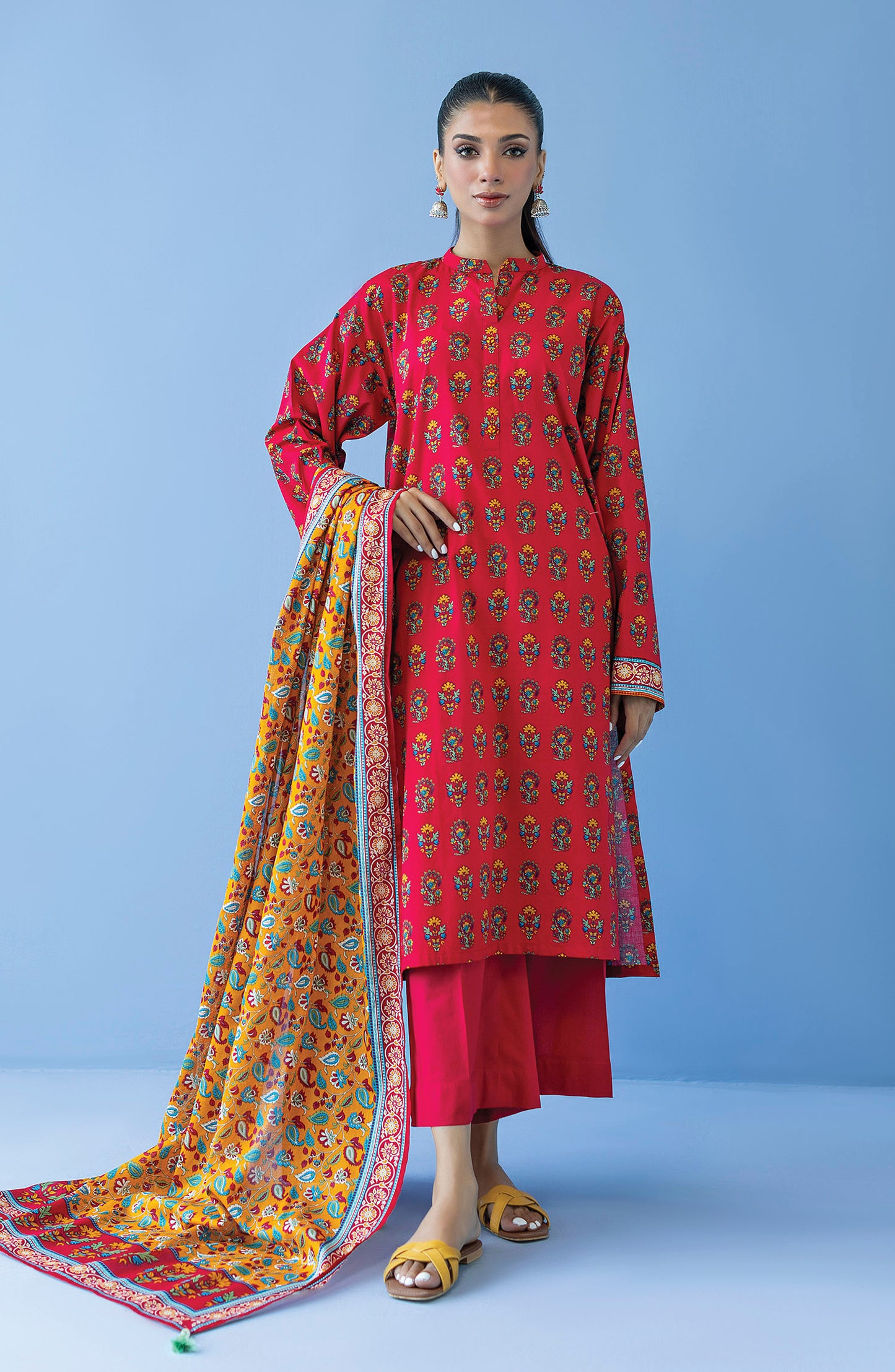OTL-23-215/U RED CAMBRIC  UNSTITCHED SHIRT DUPATTA PANTS