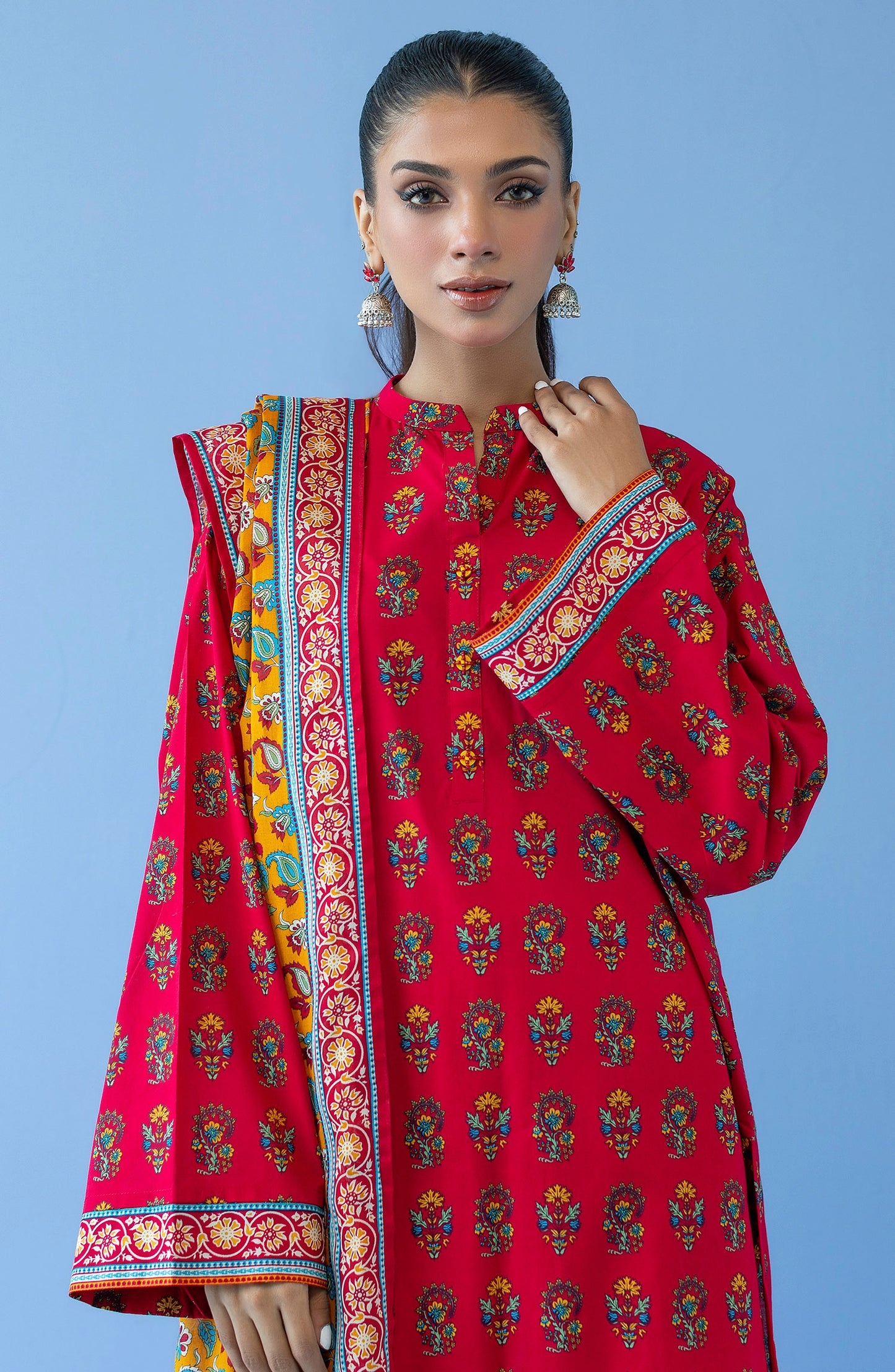 OTL-23-215/U RED CAMBRIC  UNSTITCHED SHIRT DUPATTA PANTS