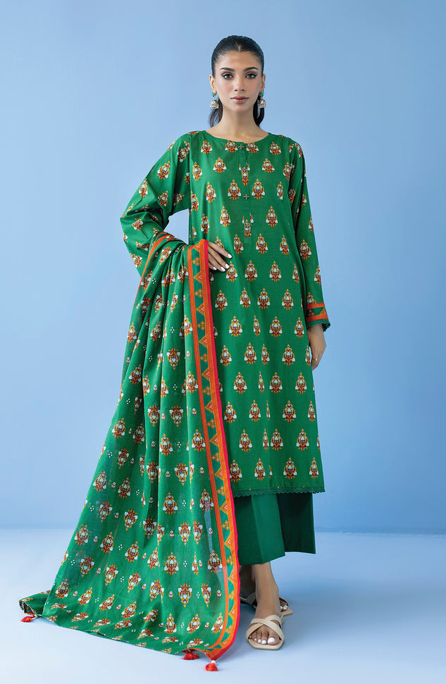 OTL-23-286/U GREEN CAMBRIC  UNSTITCHED SHIRT DUPATTA PANTS