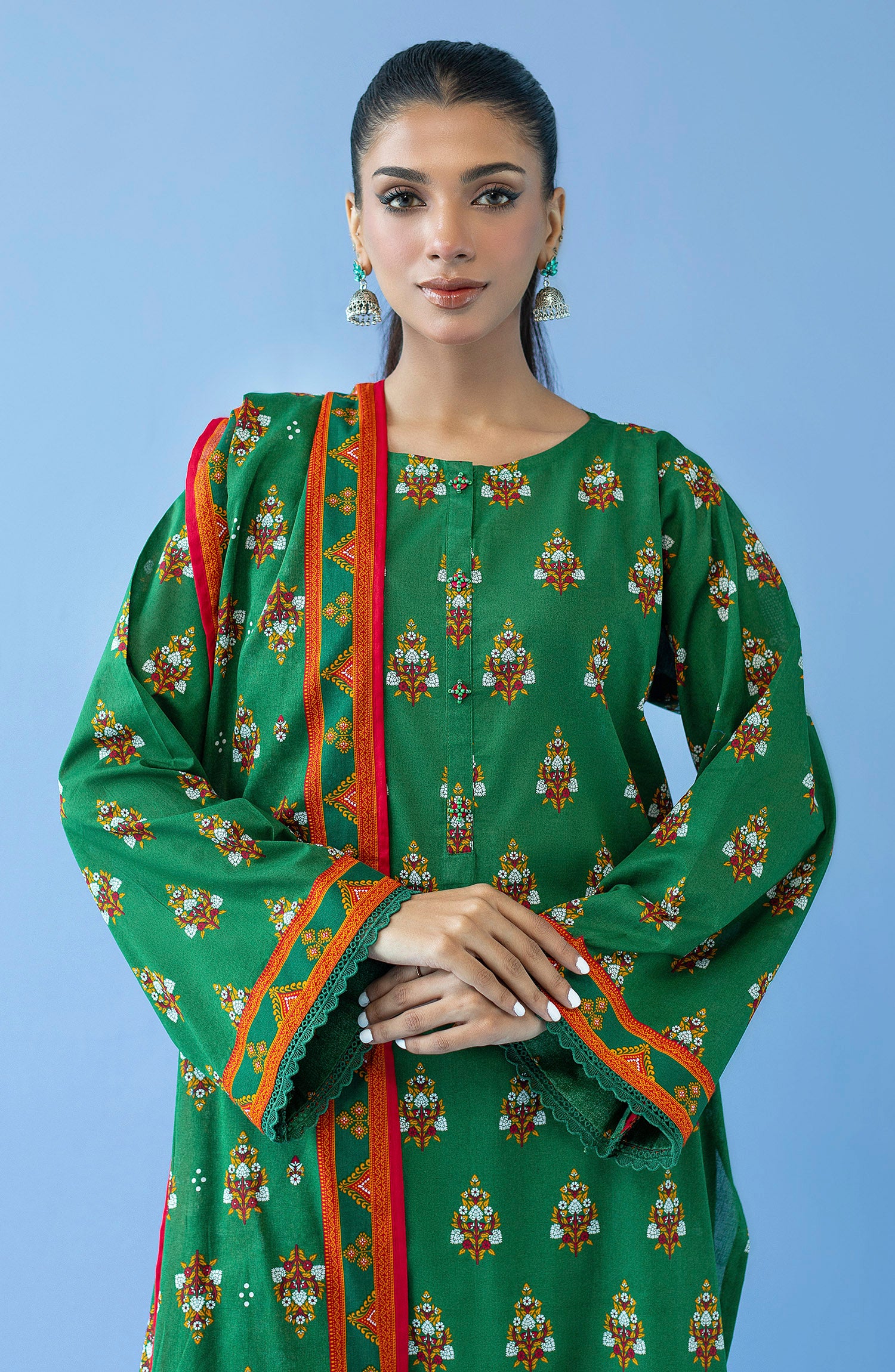 OTL-23-286/U GREEN CAMBRIC  UNSTITCHED SHIRT DUPATTA PANTS