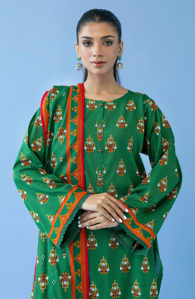 OTL-23-286/U GREEN CAMBRIC  UNSTITCHED SHIRT DUPATTA PANTS