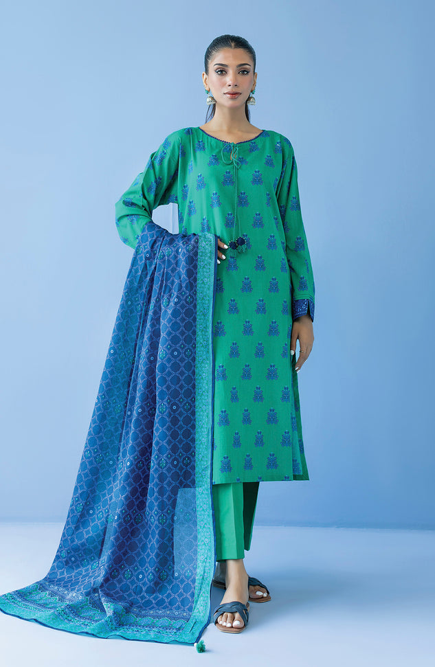 OTL-23-221/U GREEN CAMBRIC  UNSTITCHED SHIRT DUPATTA PANTS