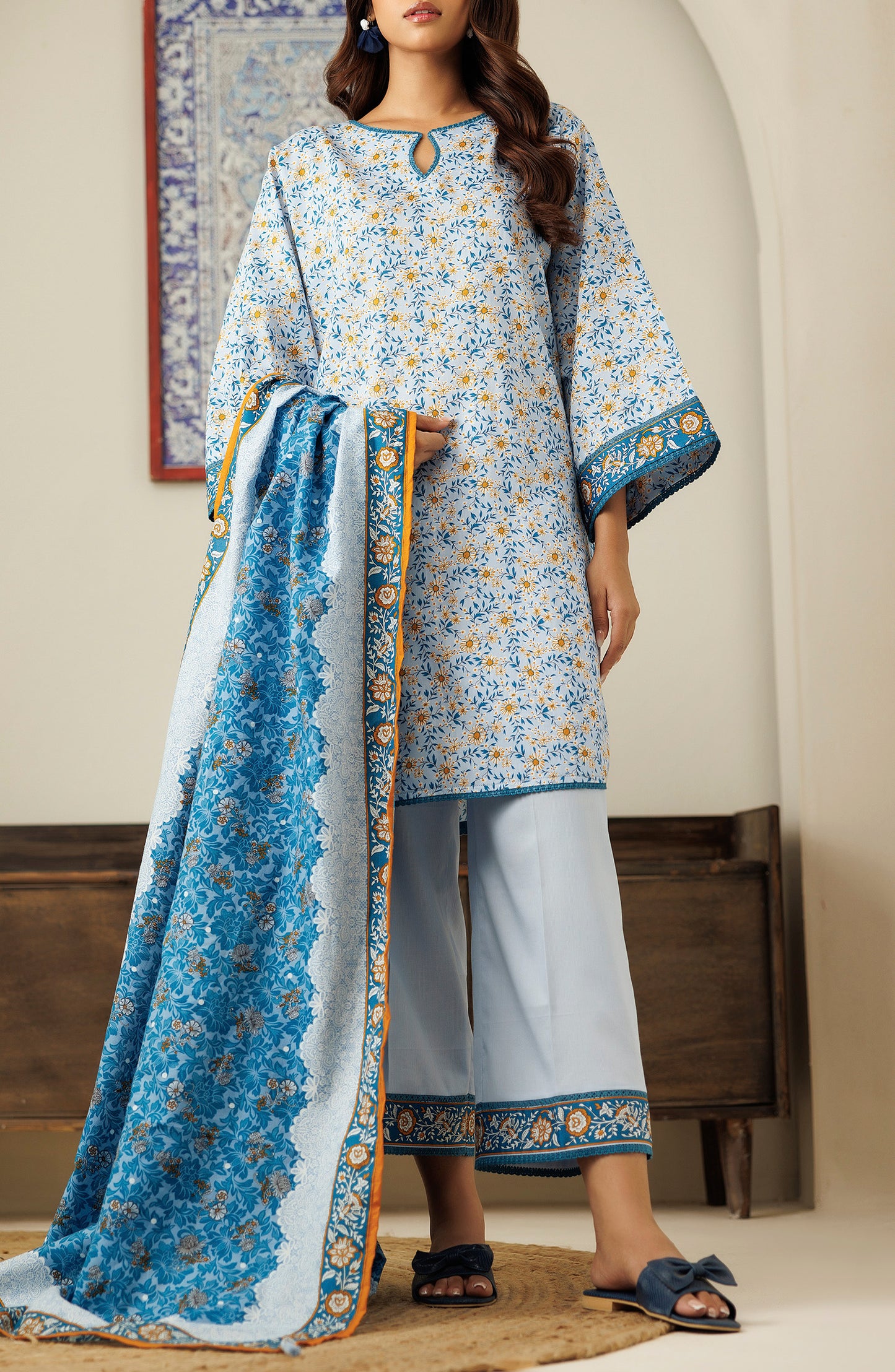 OTL-24-450/U SKY BLUE COTTEL Women UNSTITCHED SHIRT DUPATTA PANTS