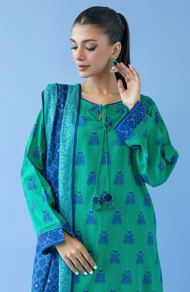 OTL-23-221/U GREEN CAMBRIC  UNSTITCHED SHIRT DUPATTA PANTS