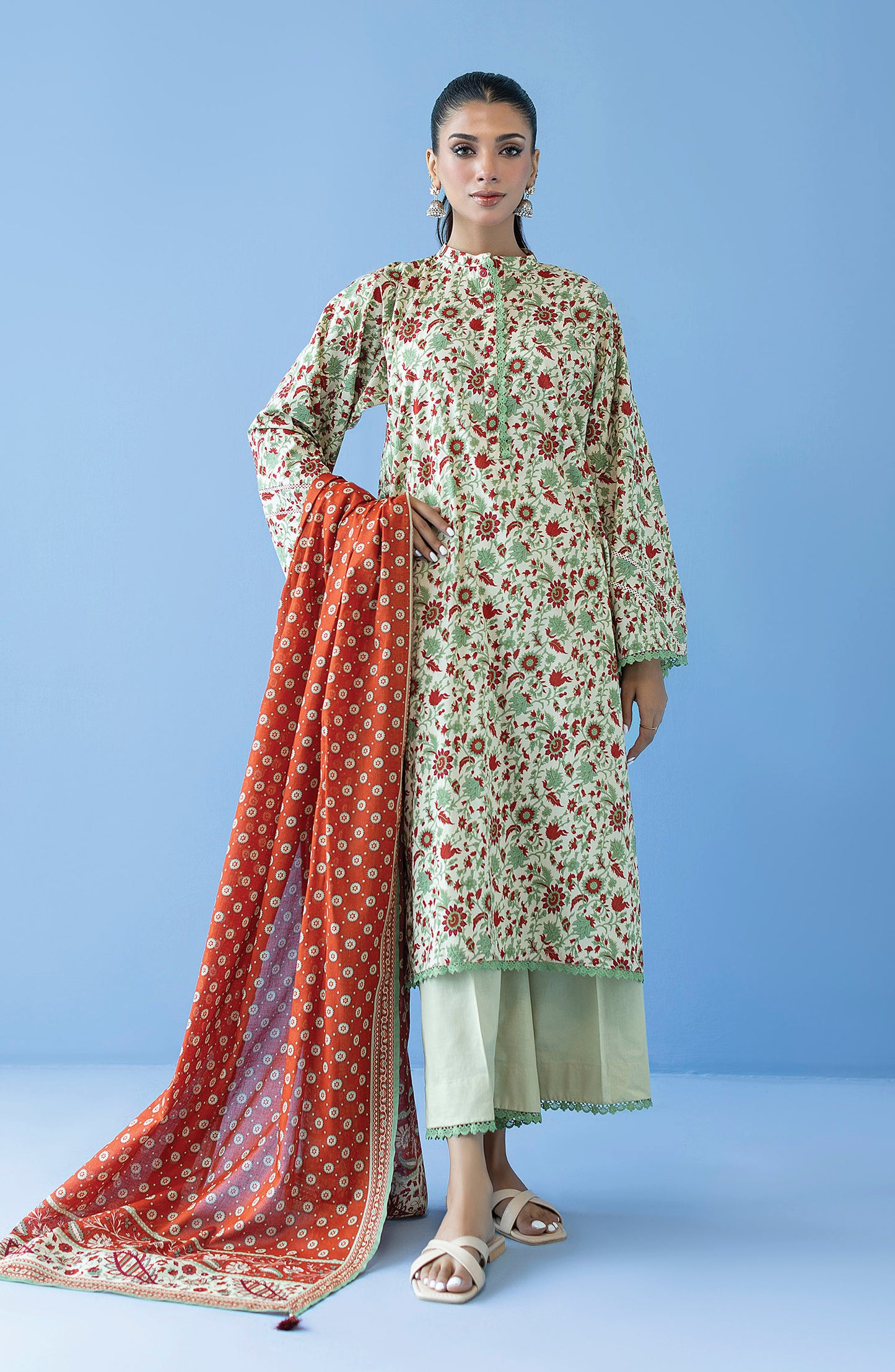 OTL-23-224/U BEIGE CAMBRIC  UNSTITCHED SHIRT DUPATTA PANTS