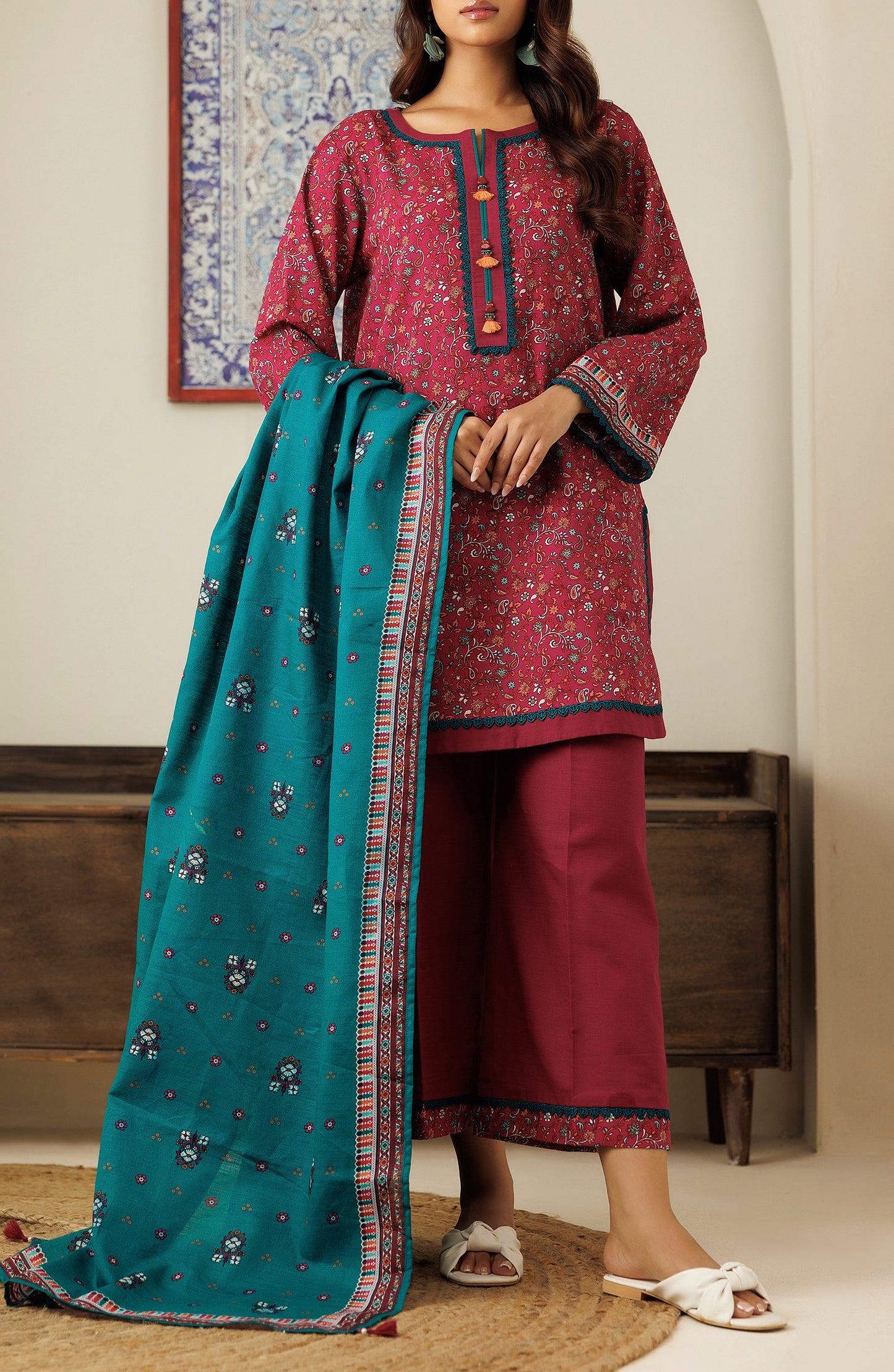 OTL-24-332/U DARK PINK KHADDAR Women UNSTITCHED SHIRT DUPATTA PANTS