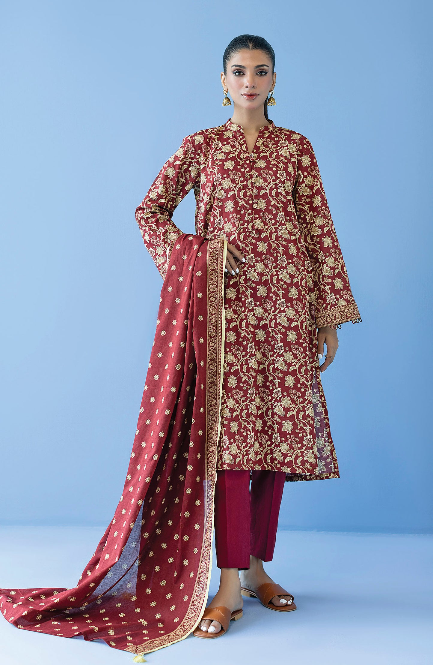 OTL-23-289/U MAROON CAMBRIC  UNSTITCHED SHIRT DUPATTA PANTS