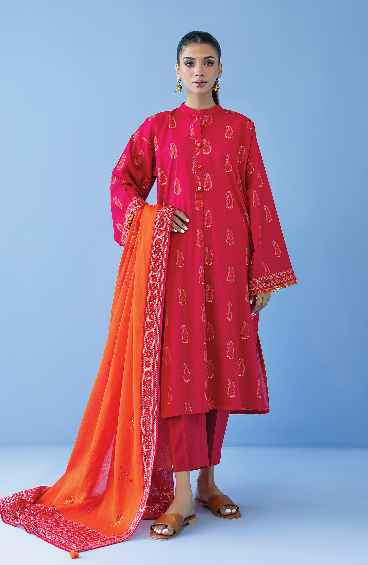 OTL-23-295/U RED CAMBRIC  UNSTITCHED SHIRT DUPATTA PANTS