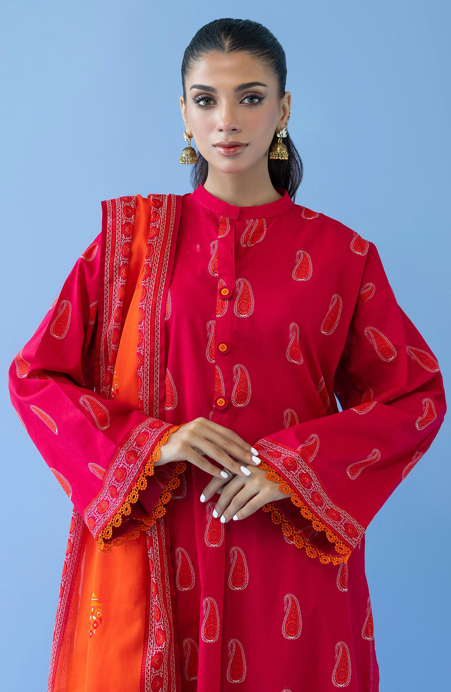 OTL-23-295/U RED CAMBRIC  UNSTITCHED SHIRT DUPATTA PANTS