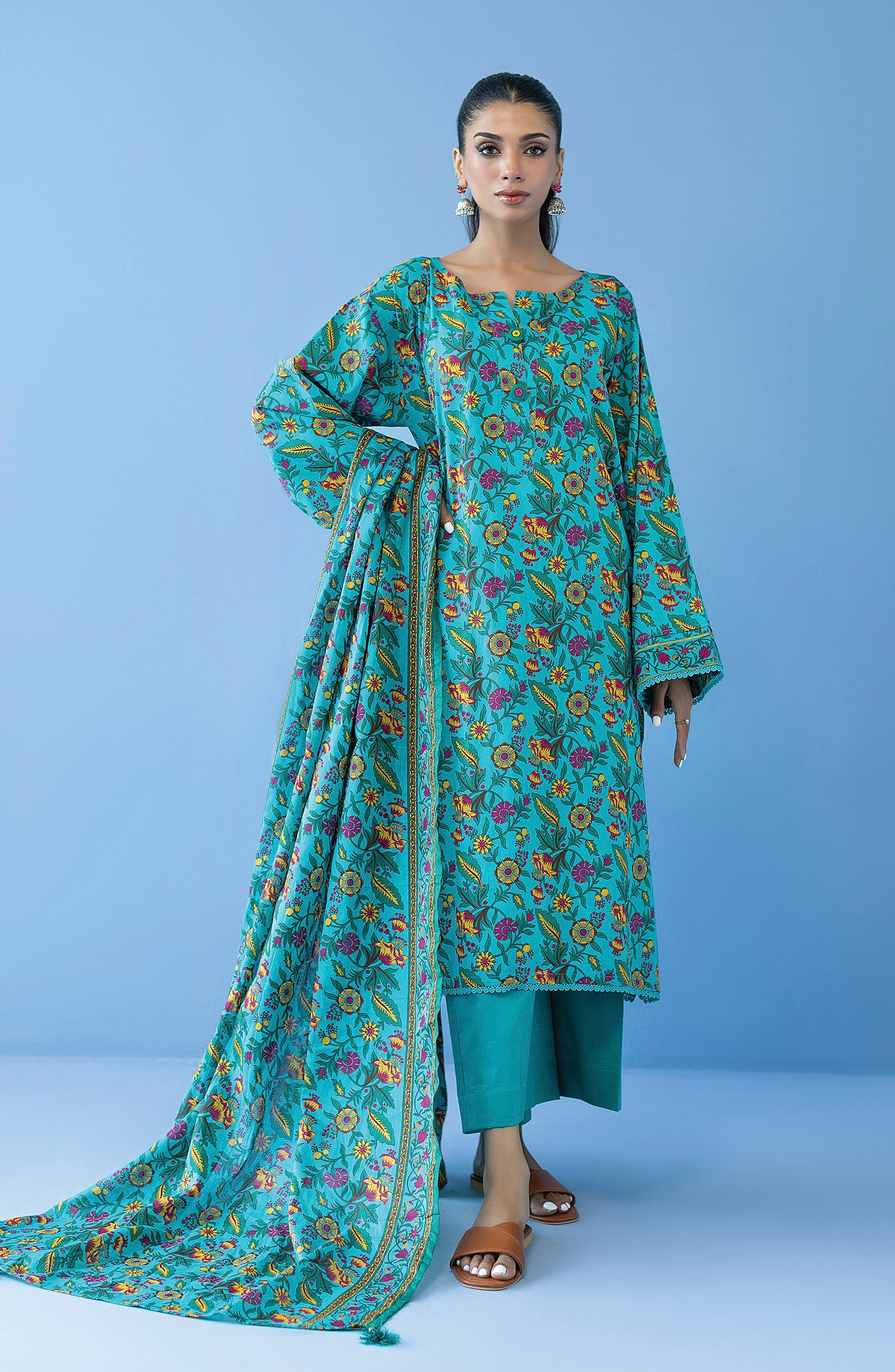OTL-23-288/U TEAL CAMBRIC  UNSTITCHED SHIRT DUPATTA PANTS