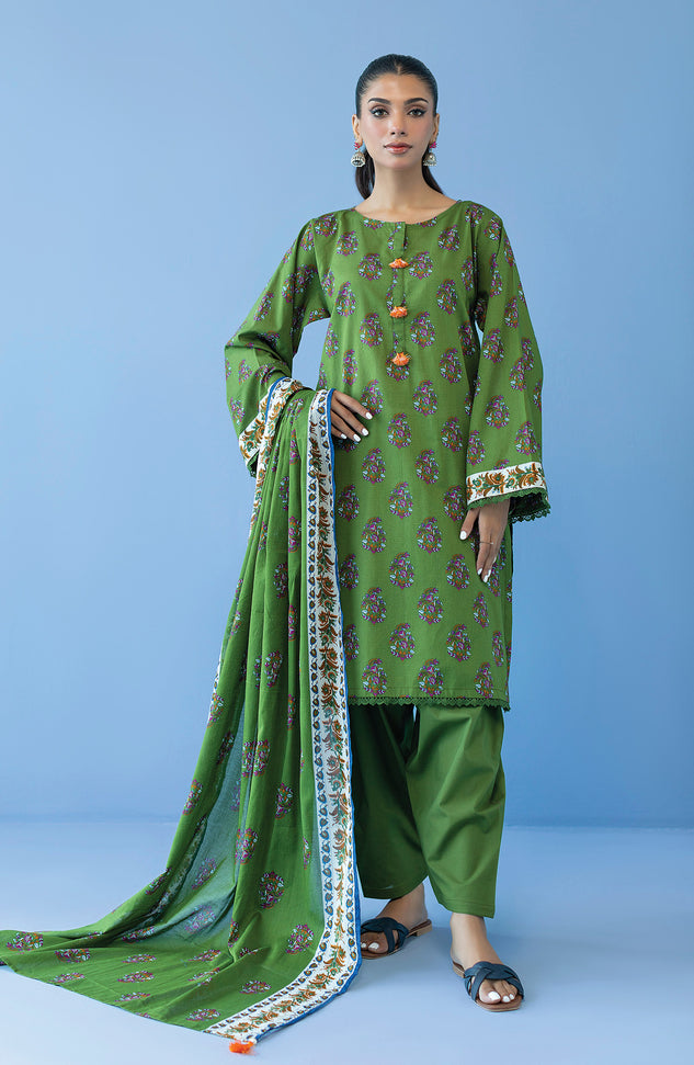 OTL-23-291/U GREEN CAMBRIC  UNSTITCHED SHIRT DUPATTA PANTS
