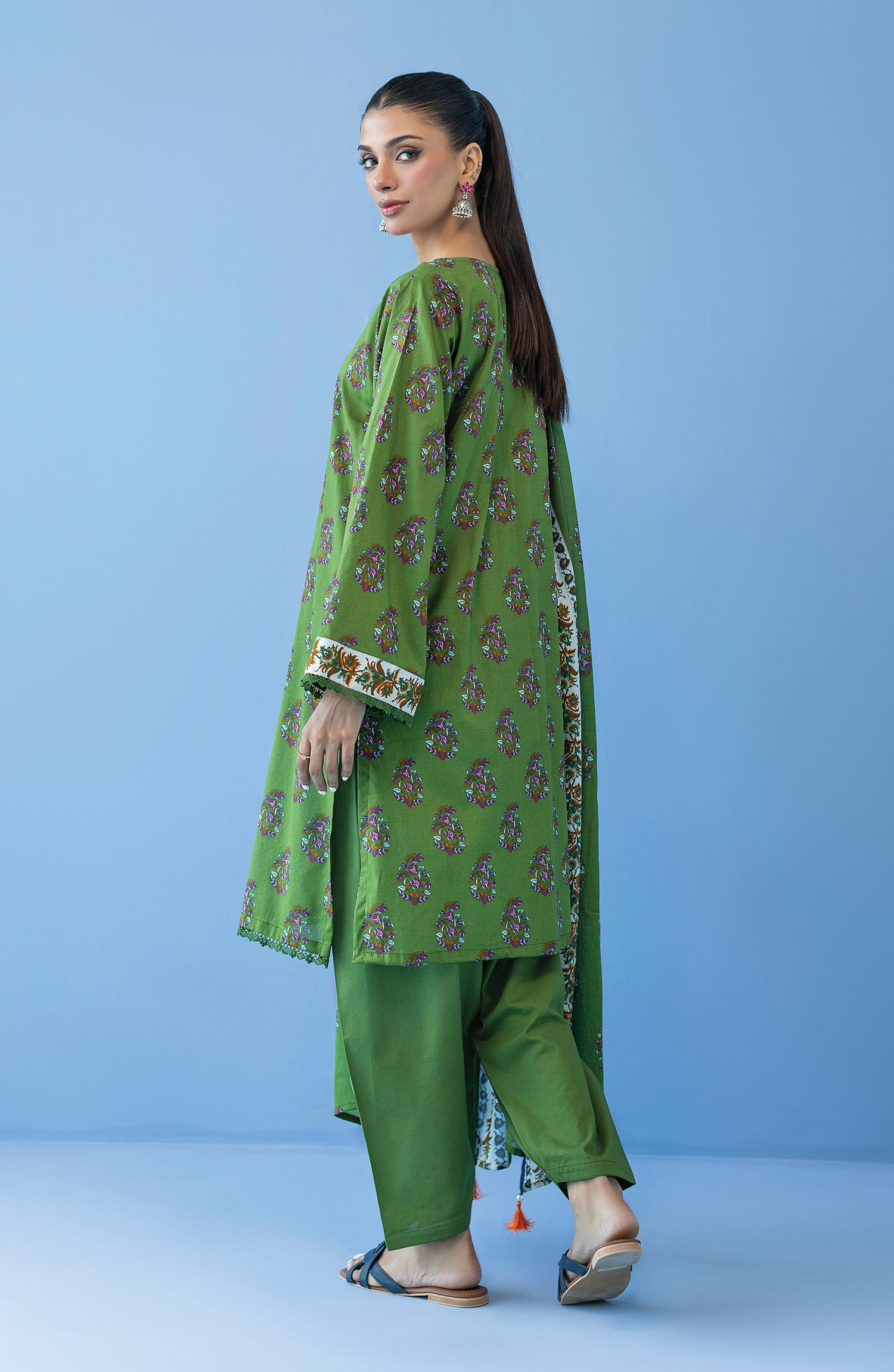 OTL-23-291/U GREEN CAMBRIC  UNSTITCHED SHIRT DUPATTA PANTS