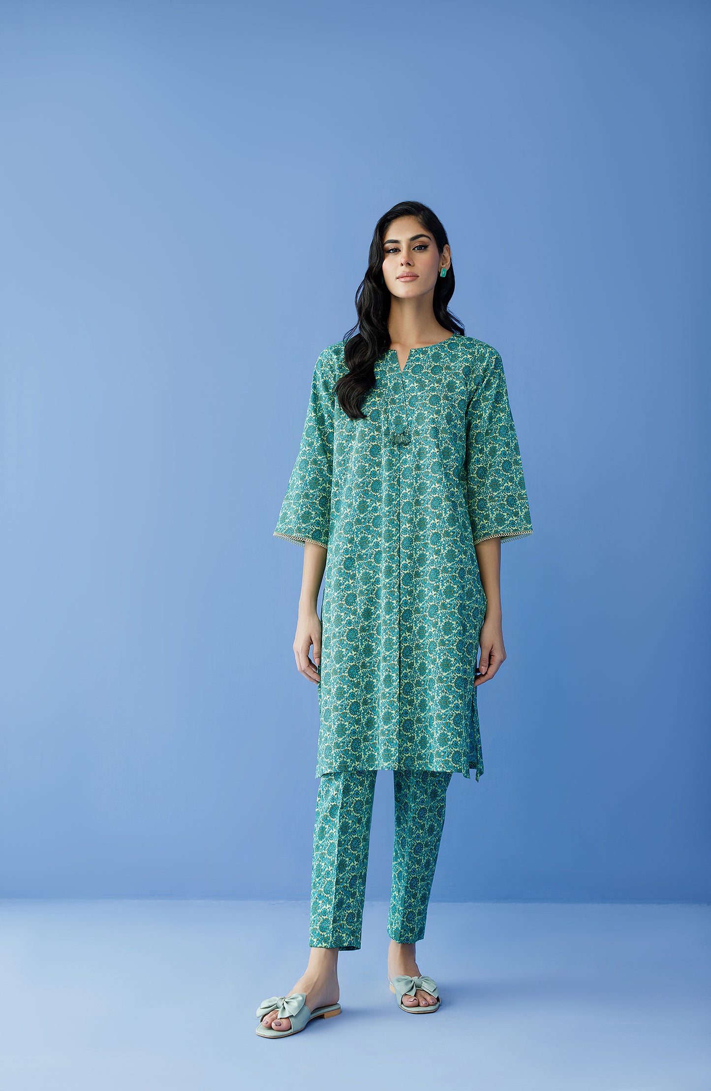 NRDS-23-184/S GREEN COTTON TEXTURED Women READY TO WEAR SHIRT PANTS