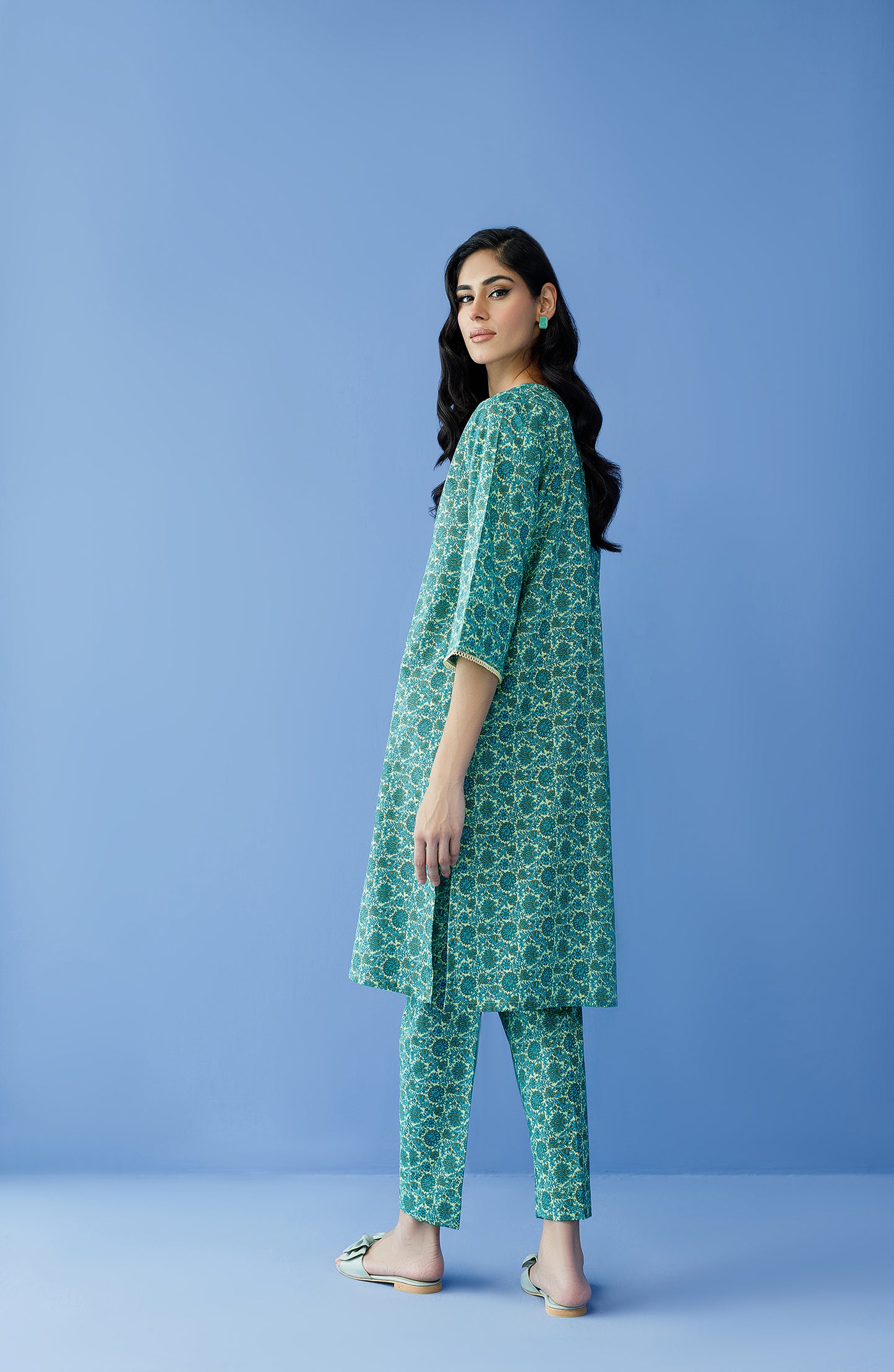 NRDS-23-184/S GREEN COTTON TEXTURED Women READY TO WEAR SHIRT PANTS