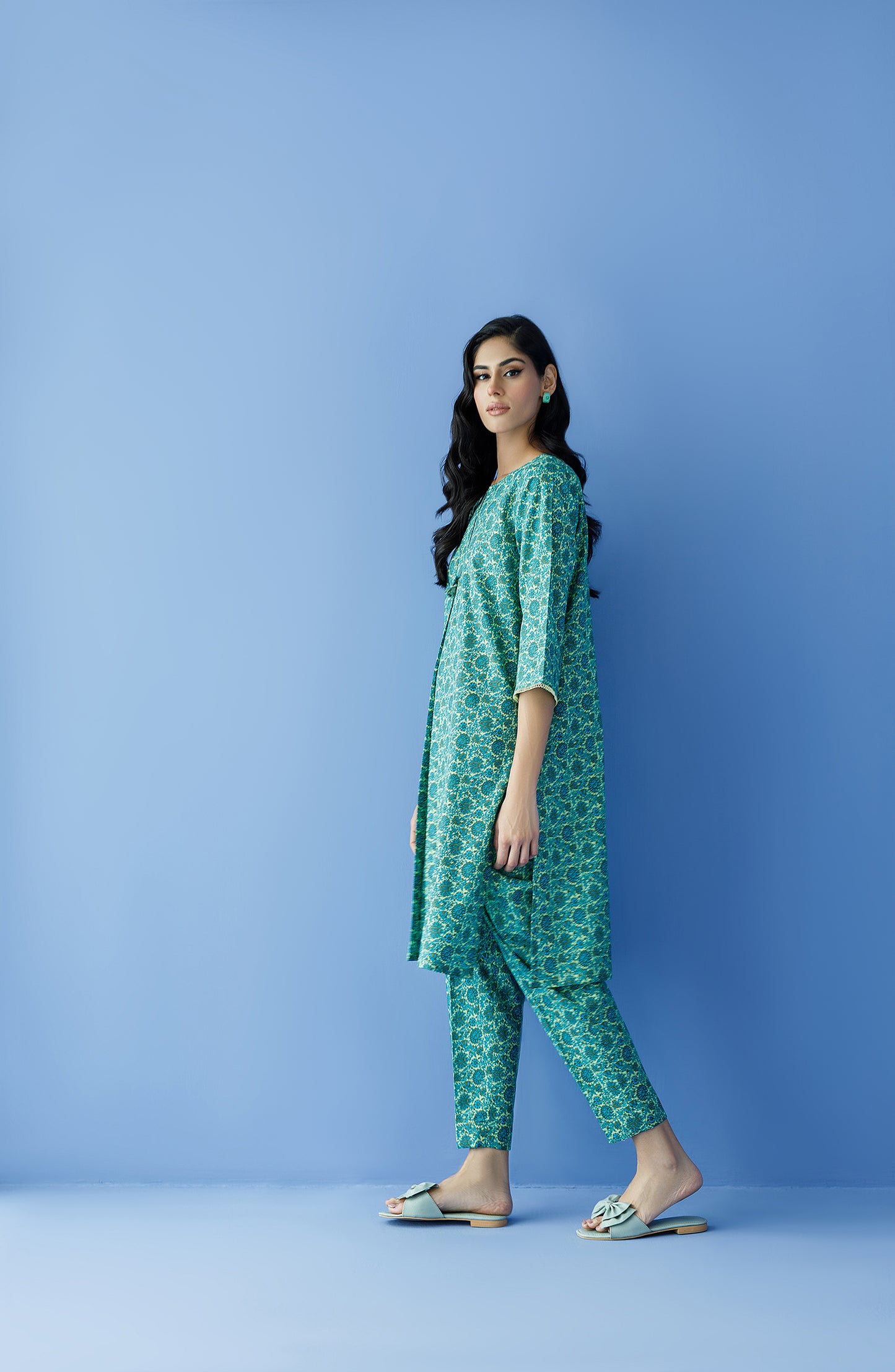 NRDS-23-184/S GREEN COTTON TEXTURED Women READY TO WEAR SHIRT PANTS