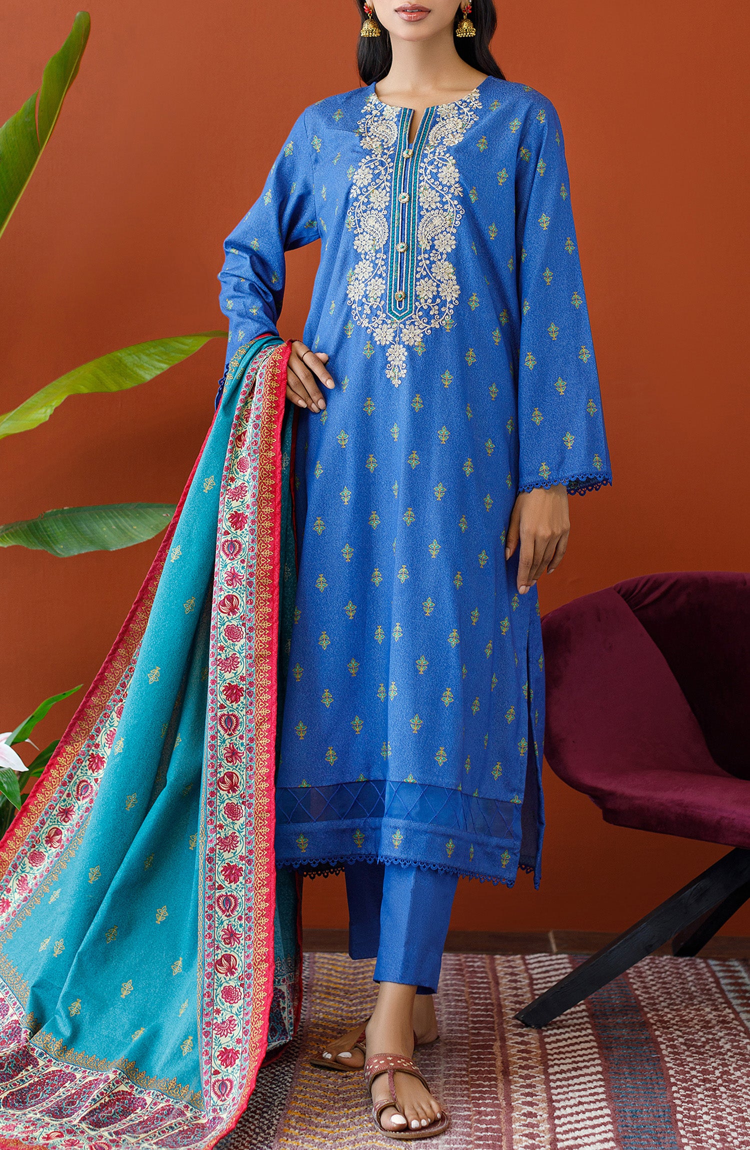 OTL-23-242/U BLUE KARANDI Women UNSTITCHED SHIRT DUPATTA PANTS