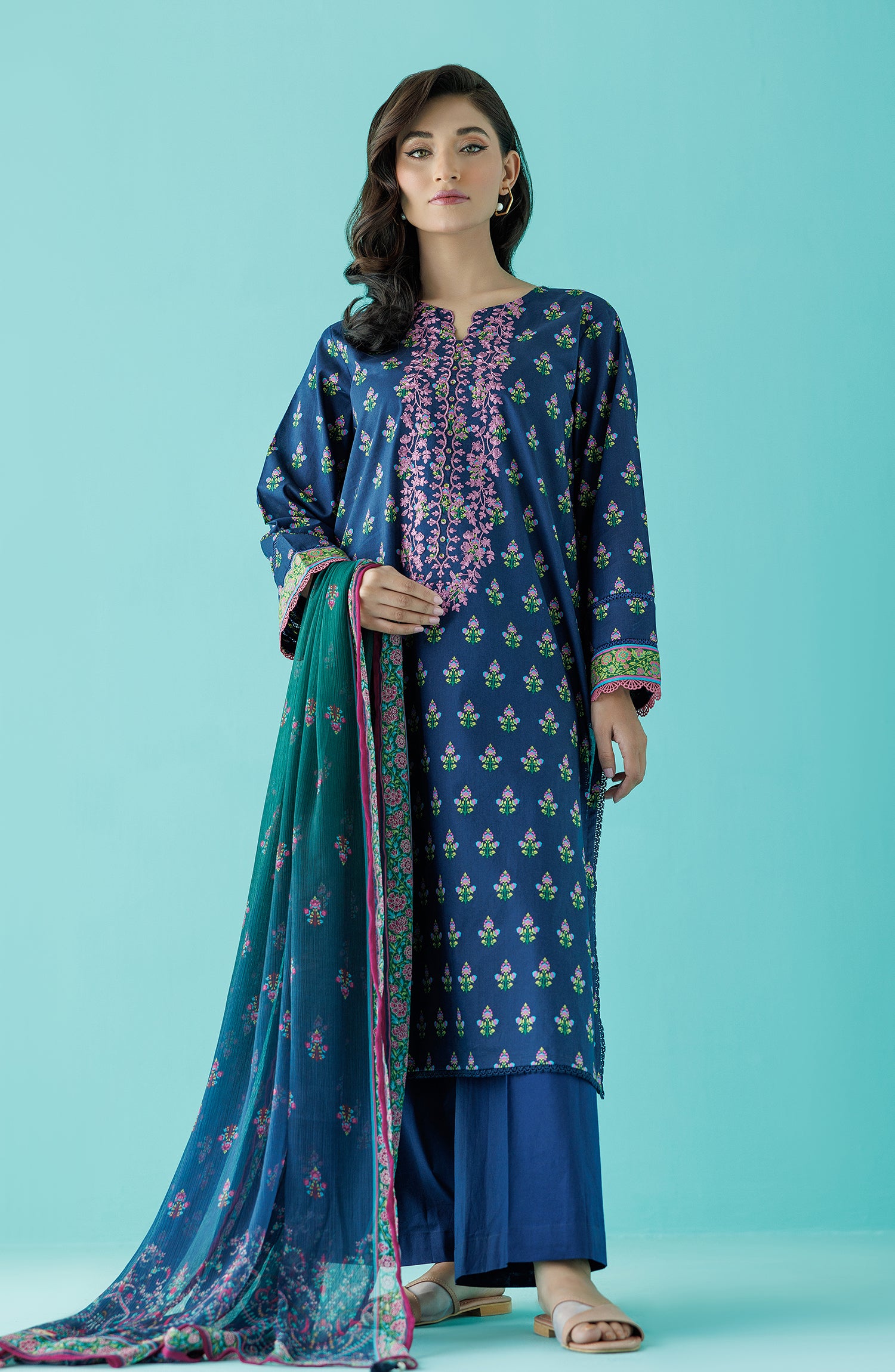 Unstitched 3 Piece Printed Embroidered Lawn Shirt , Cambric Pant and Chiffon Dupatta