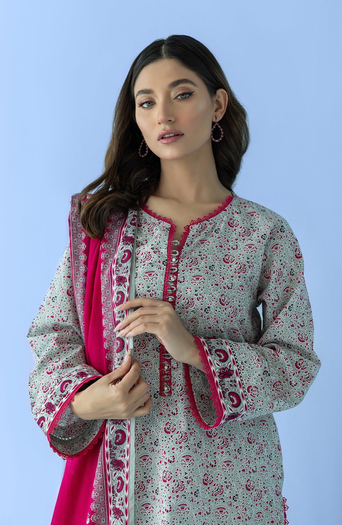 Unstitched 3 Piece Printed Lawn Shirt , Cambric Pant and Lawn Dupatta (OTL-24-071/U GREY)