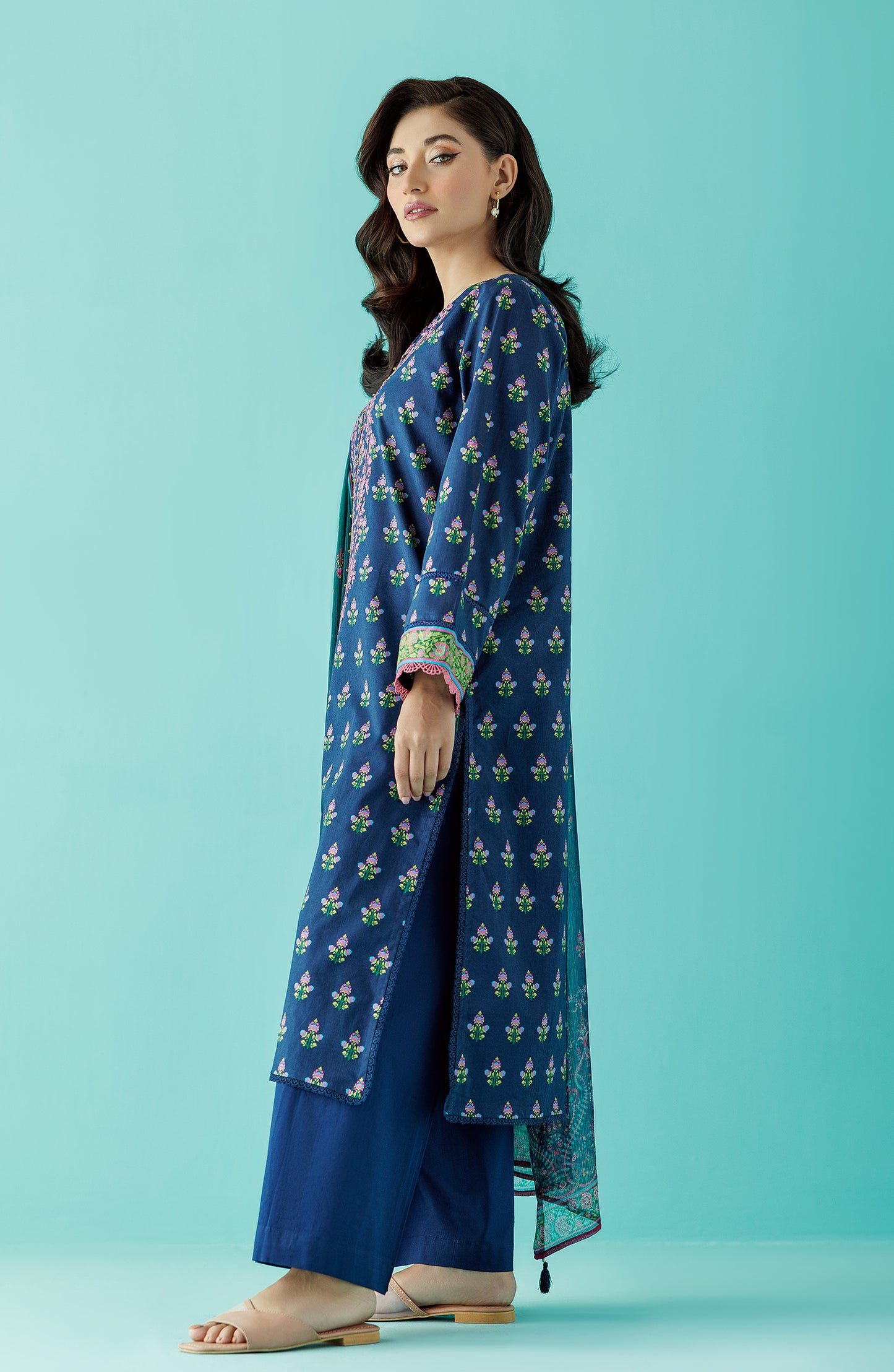 Unstitched 3 Piece Printed Embroidered Lawn Shirt , Cambric Pant and Chiffon Dupatta (OTL-24-039/U BLUE)