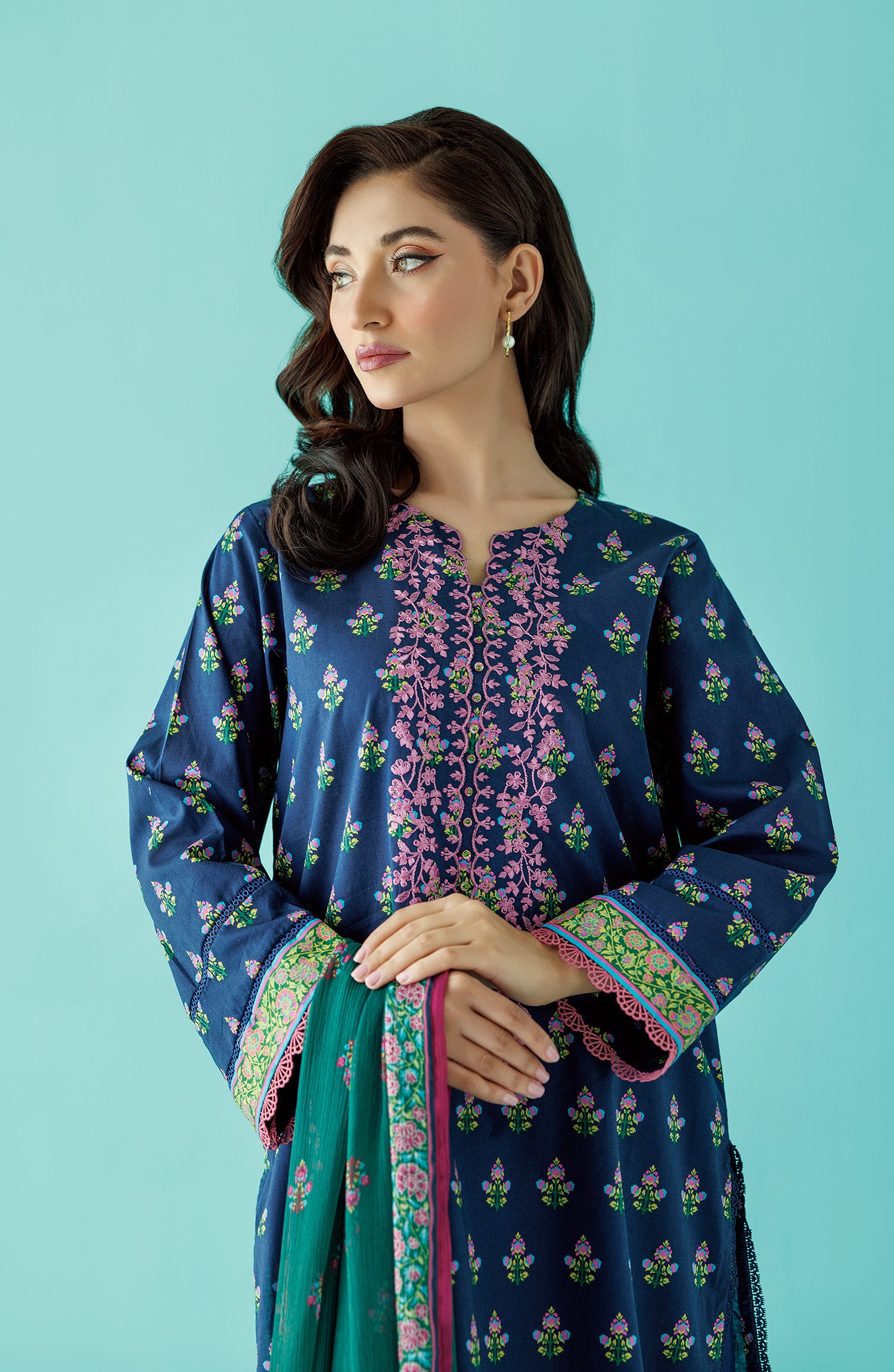 Unstitched 3 Piece Printed Embroidered Lawn Shirt , Cambric Pant and Chiffon Dupatta (OTL-24-039/U BLUE)