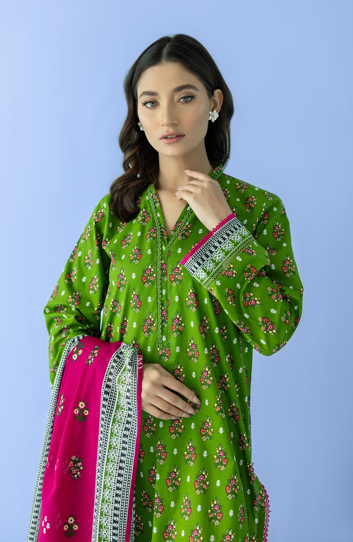 Stitched 2 Piece Printed Lawn Shirt and Lawn Dupatta (NRDS-24-035/S GREEN)