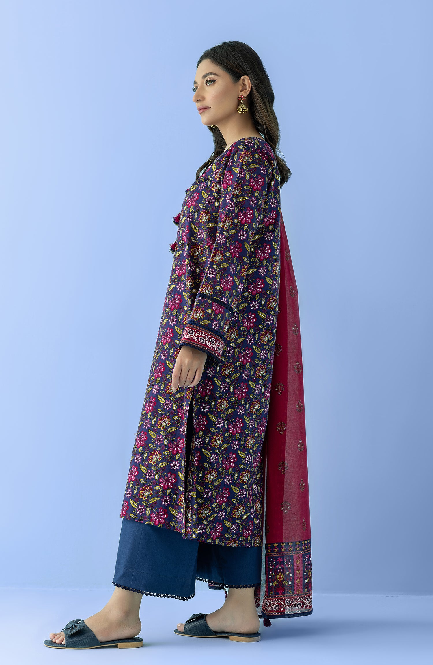 Stitched 3 Piece Printed Lawn Shirt , Cambric Pant and Lawn Dupatta (OTL-24-076/S BLUE)