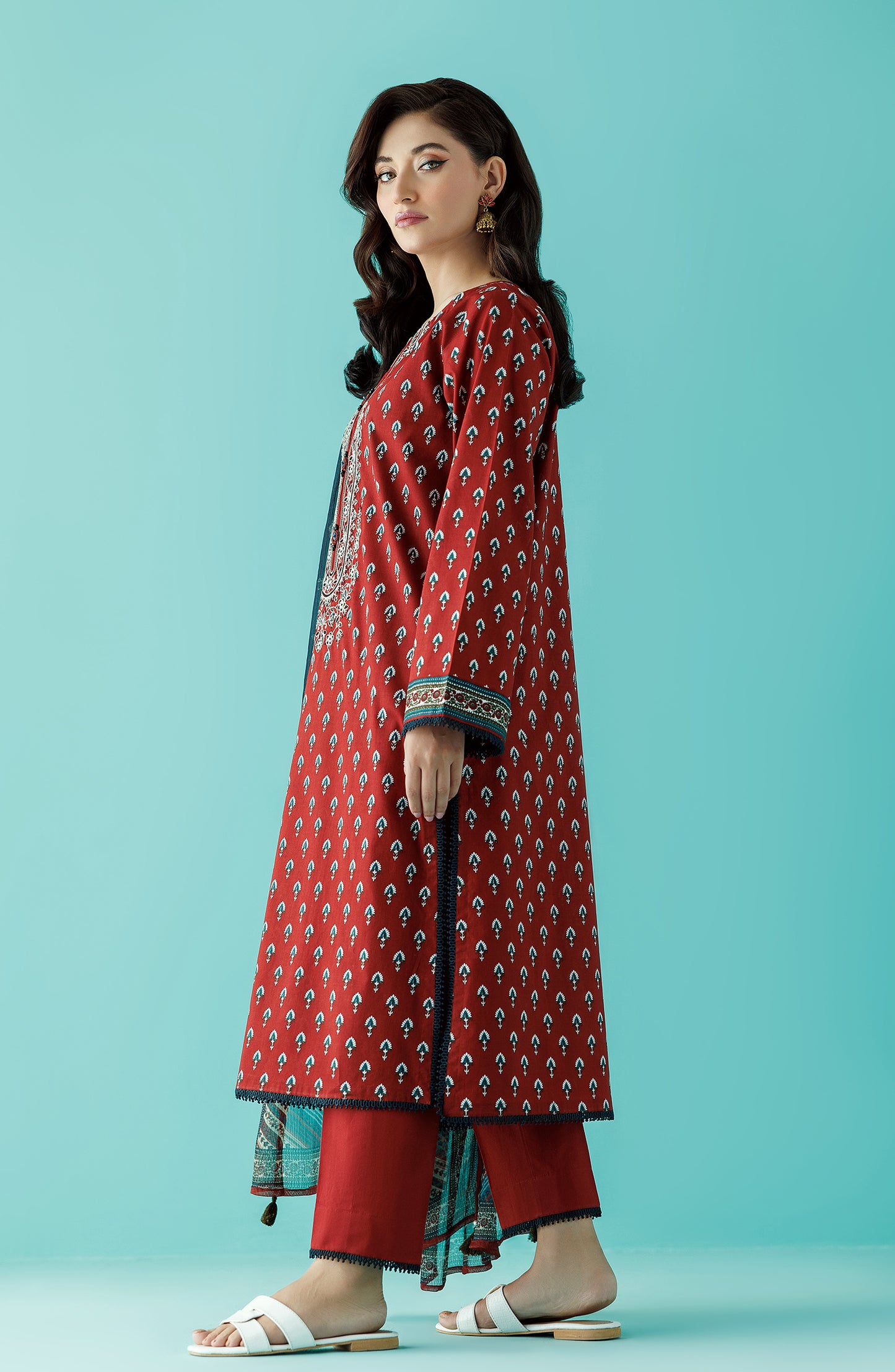 Unstitched 3 Piece Printed Embroidered Lawn Shirt , Cambric Pant and Chiffon Dupatta (OTL-24-037/U RED)